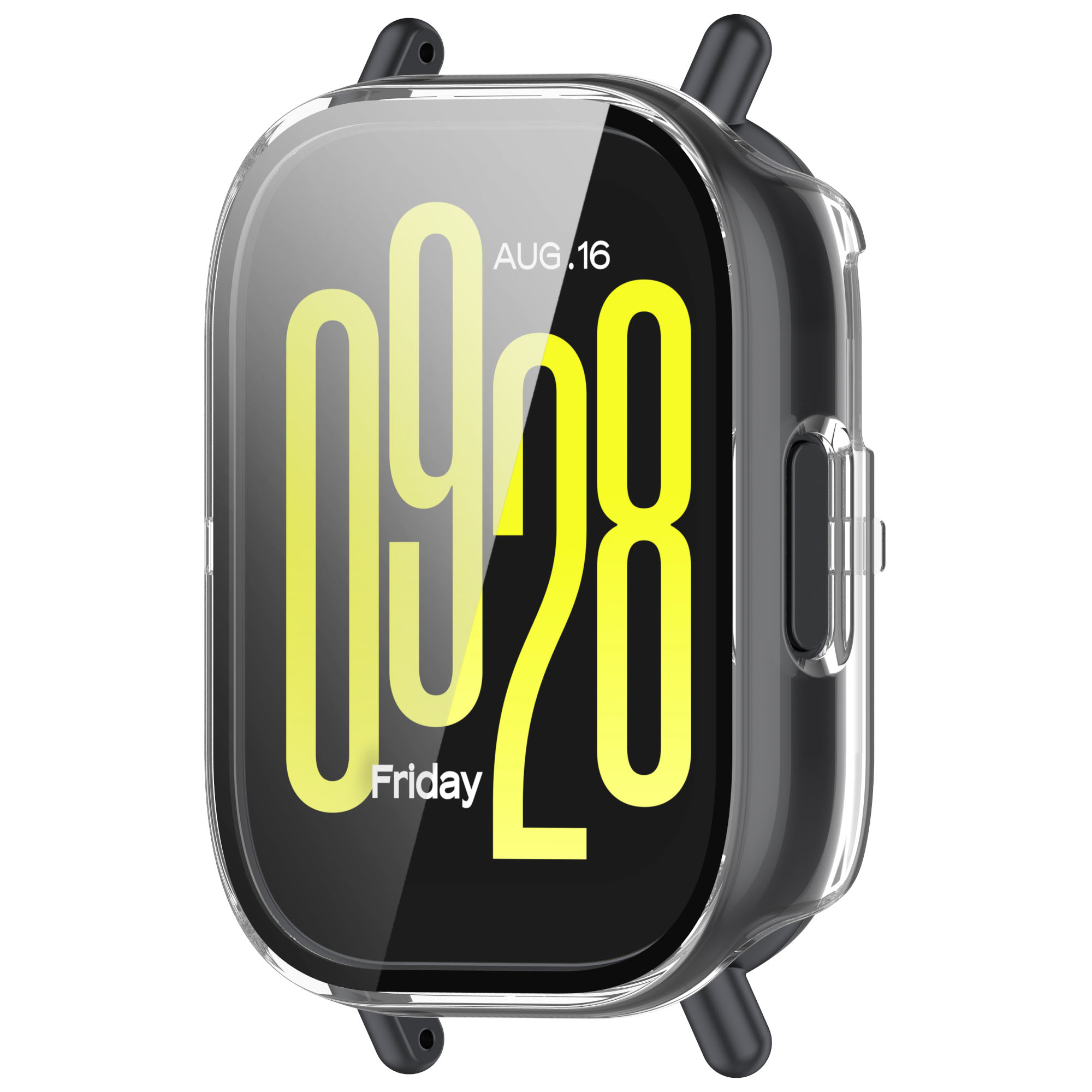 Un smartwatch con una funda transparente. La pantalla muestra la hora y la fecha en amarillo.