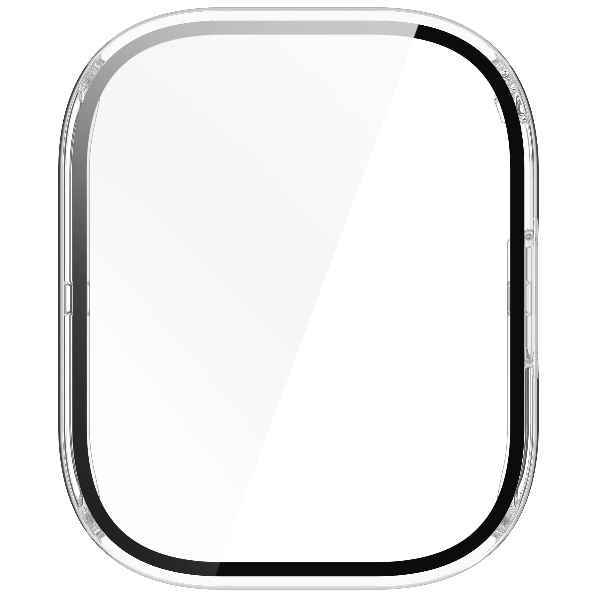 Funda protectora transparente para smartwatch con borde negro.