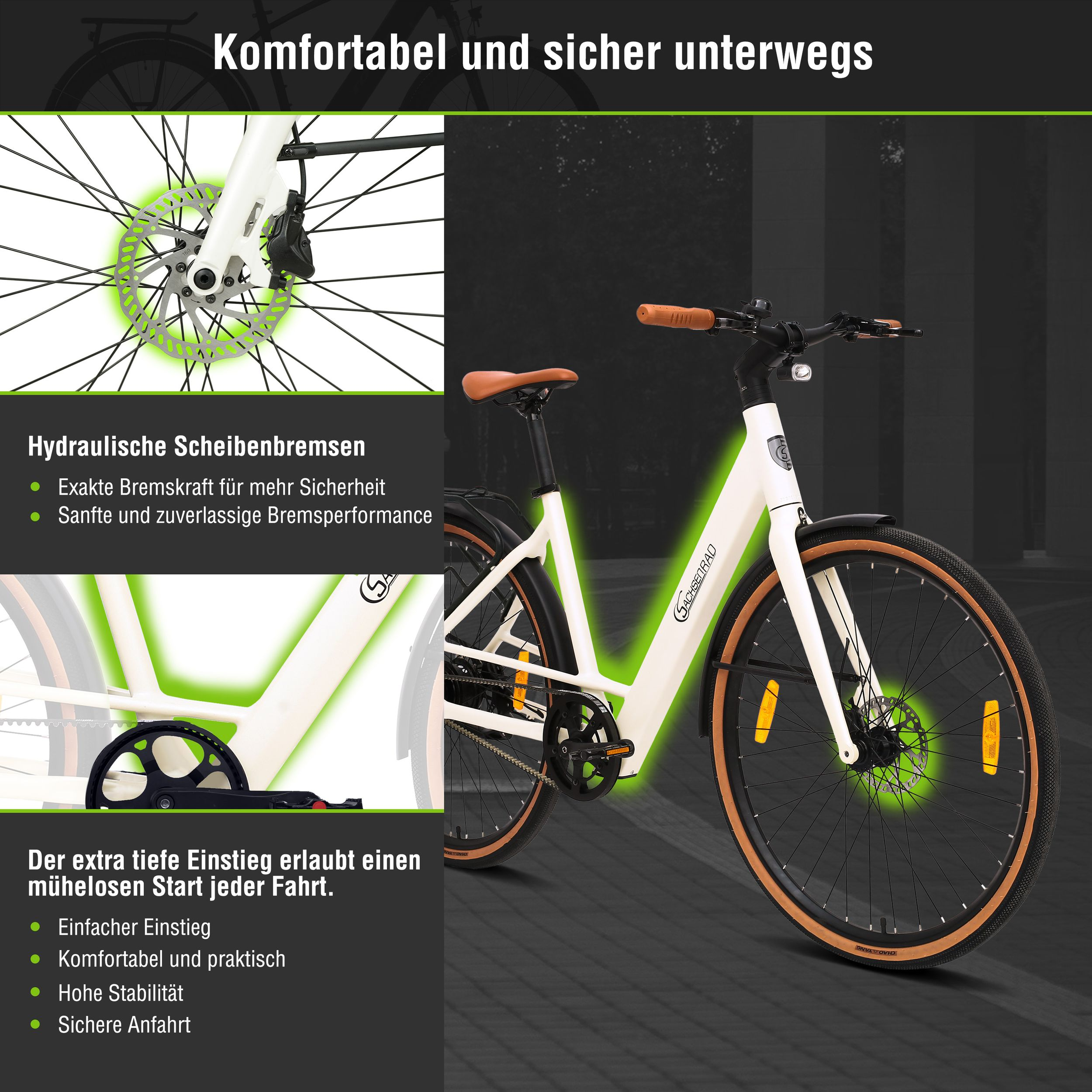 Ein weißes Fahrrad mit Text und Diagrammen. Details zu hydraulischen Scheibenbremsen und einfachem Einstieg werden gezeigt.