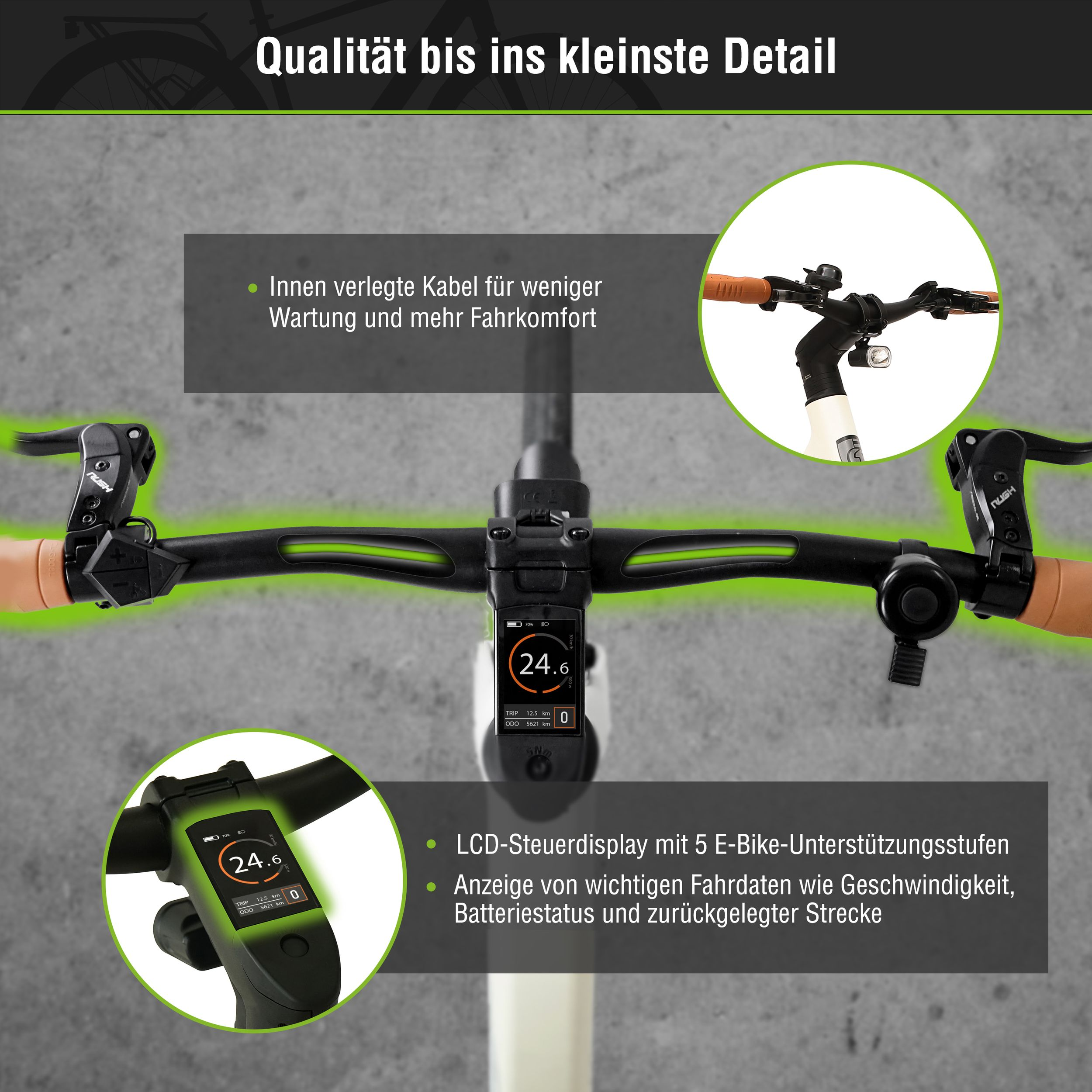 Nahaufnahme des Fahrradlenkers mit Anzeige und Bedienelementen, Textüberlagerung.