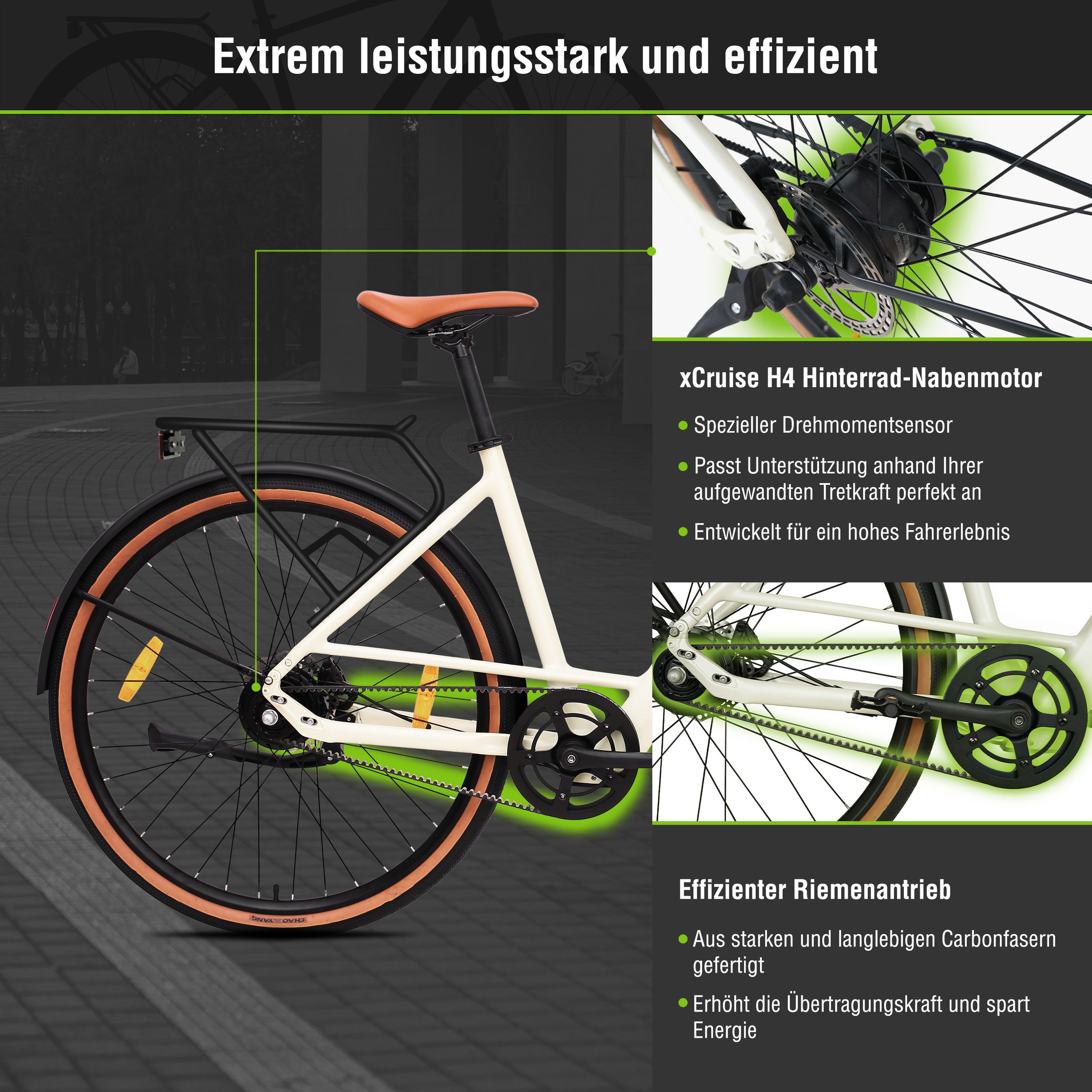 Fahrrad mit Text und Diagrammen, die Funktionen detailliert beschreiben, mit weißem und grünem Hintergrund.
