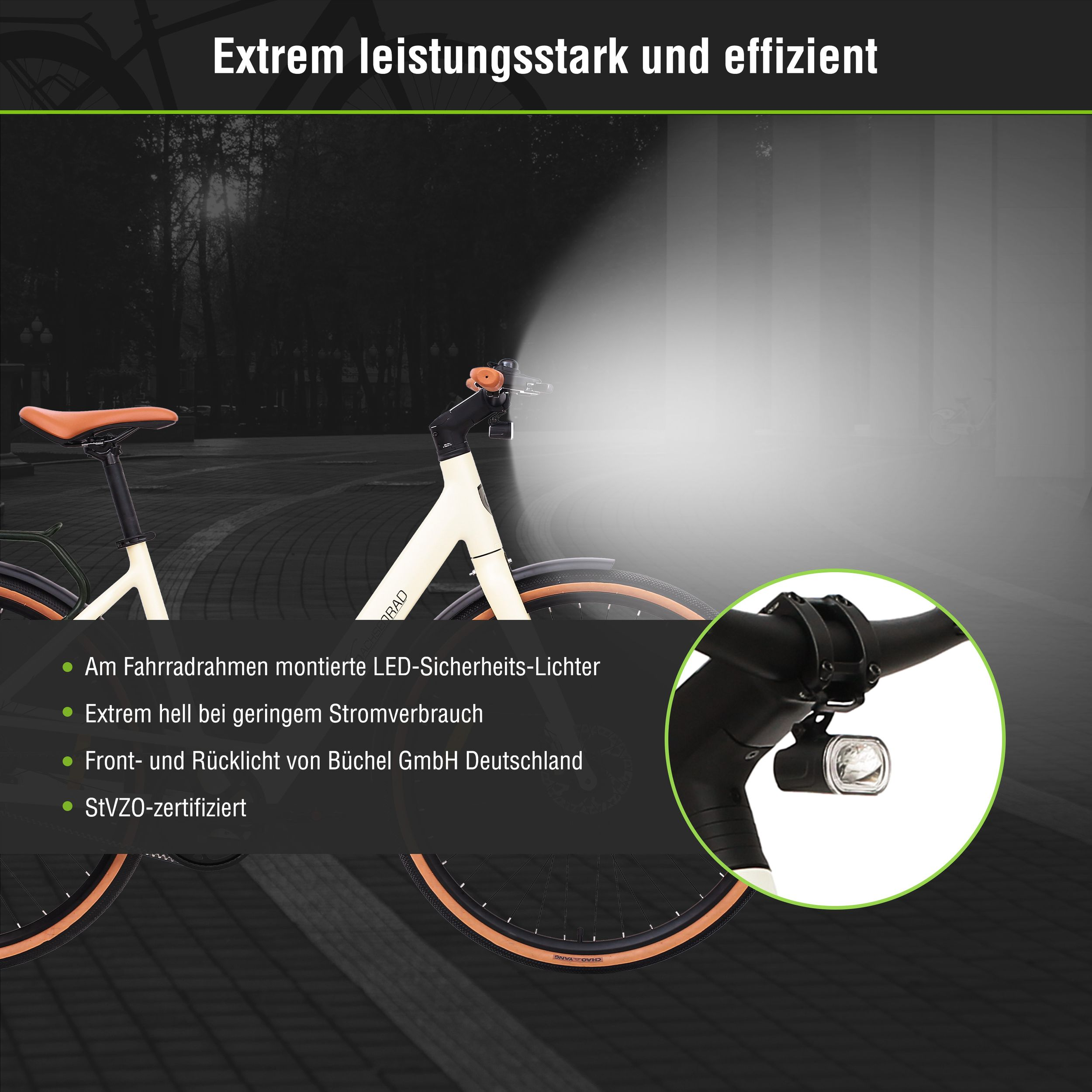 Ein Fahrrad mit hellem Scheinwerfer. Der Text lautet 'Extrem leistungsstark und effizient' mit Aufzählungspunkten darunter.