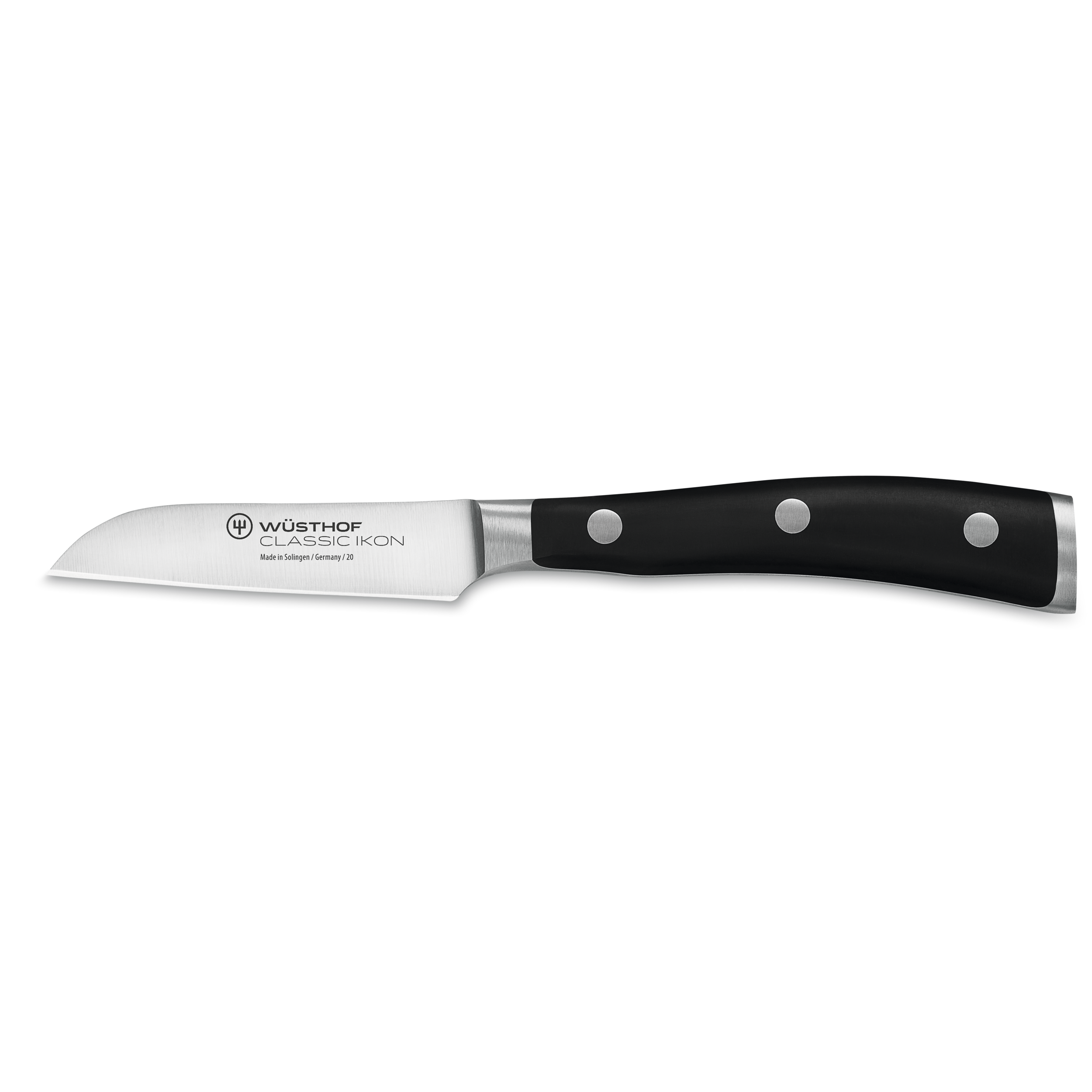 Ein Wüsthof-Messer mit schwarzem Griff, glänzender Klinge und sichtbarem Markennamen vor schwarzem Hintergrund.