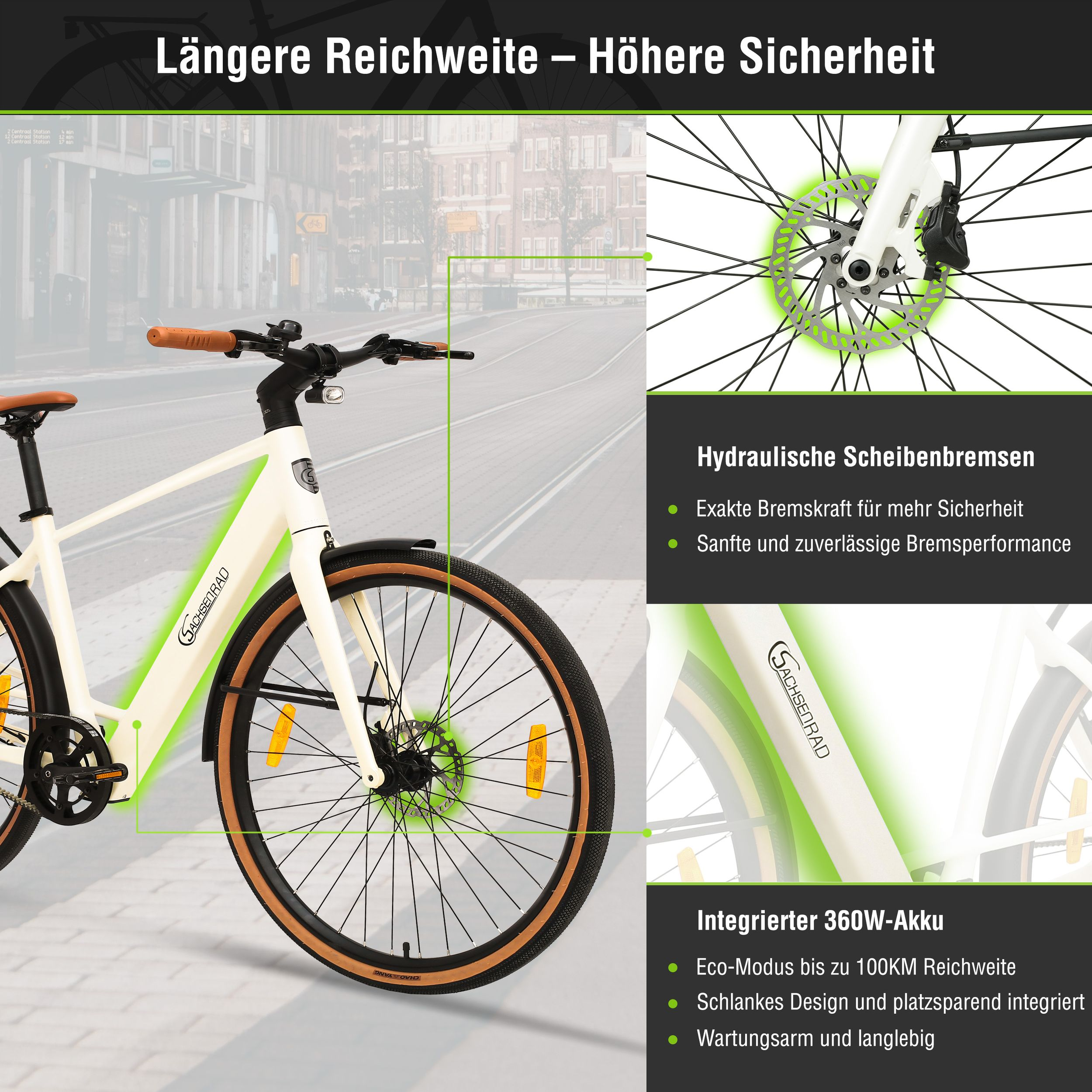Diagramm eines cremefarbenen Fahrrads mit hervorgehobenen Details: Bremsen und Akku. Textüberlagerungen.