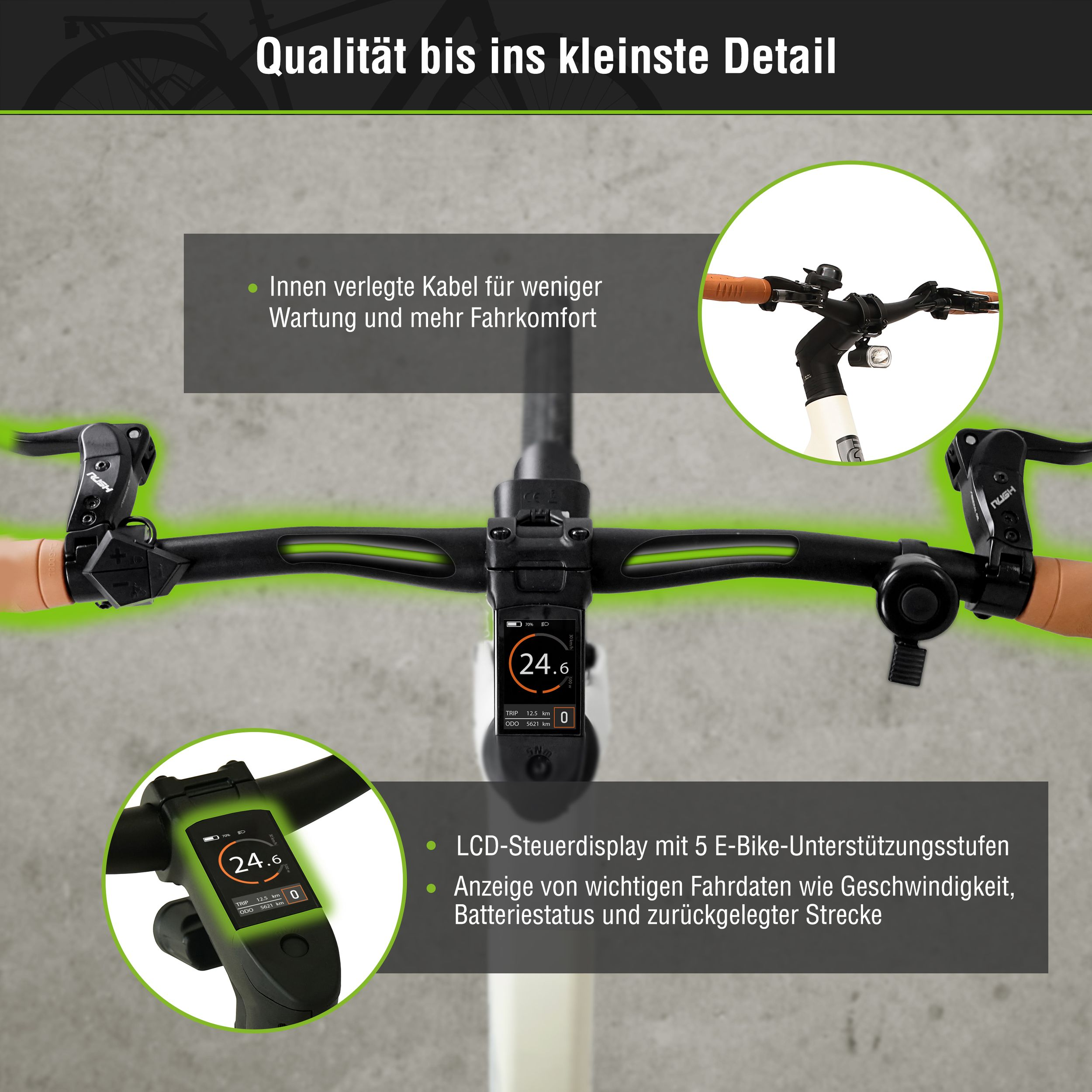 Diagramm mit Details von Fahrradlenker und Display. Textüberlagerungen. Brauner Lenker und schwarzes Display.