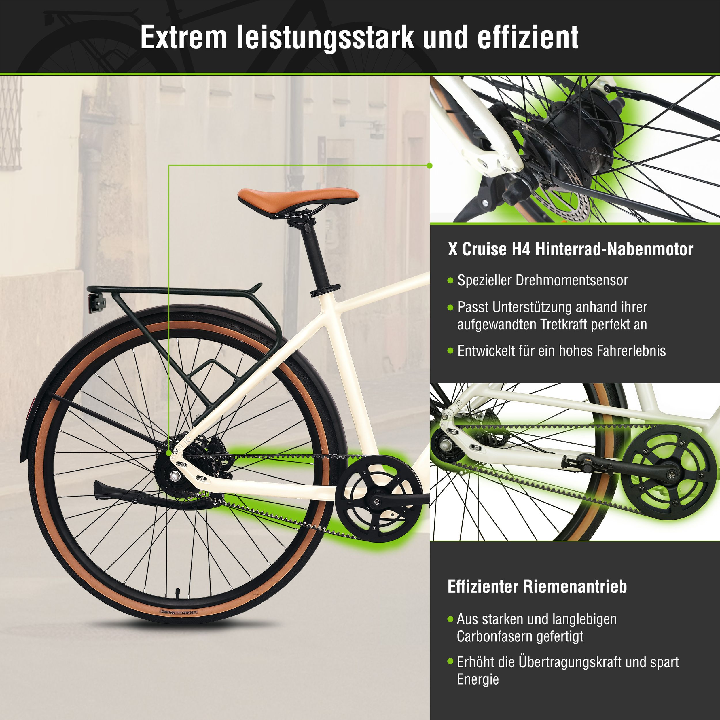 Diagramm eines cremefarbenen Fahrrads mit hervorgehobenen Details: Motor, Antrieb und Sensor. Textüberlagerungen.