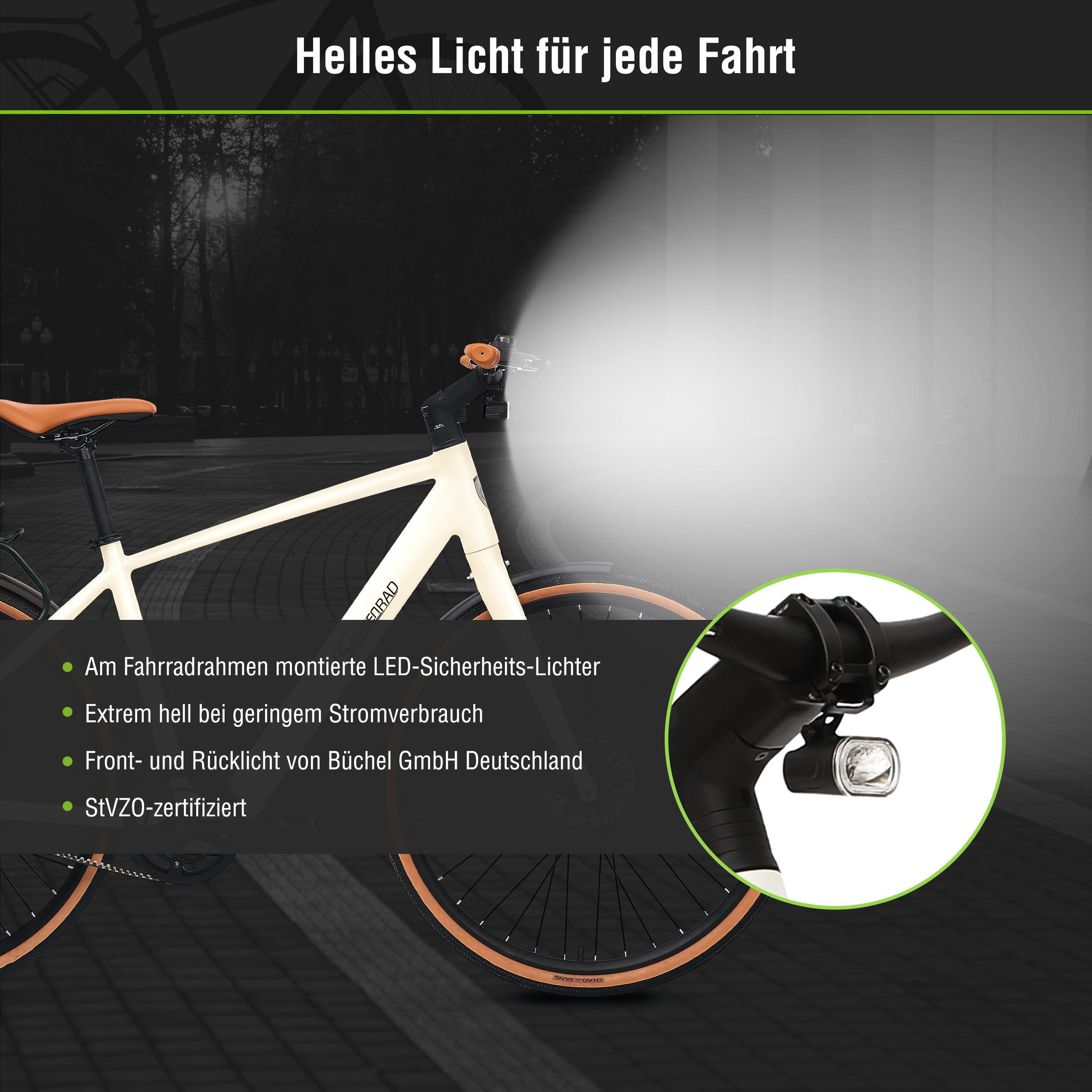 Ein cremefarbenes Fahrrad mit heller Scheinwerferbeleuchtung. Textüberlagerungen heben die Lichtmerkmale hervor.