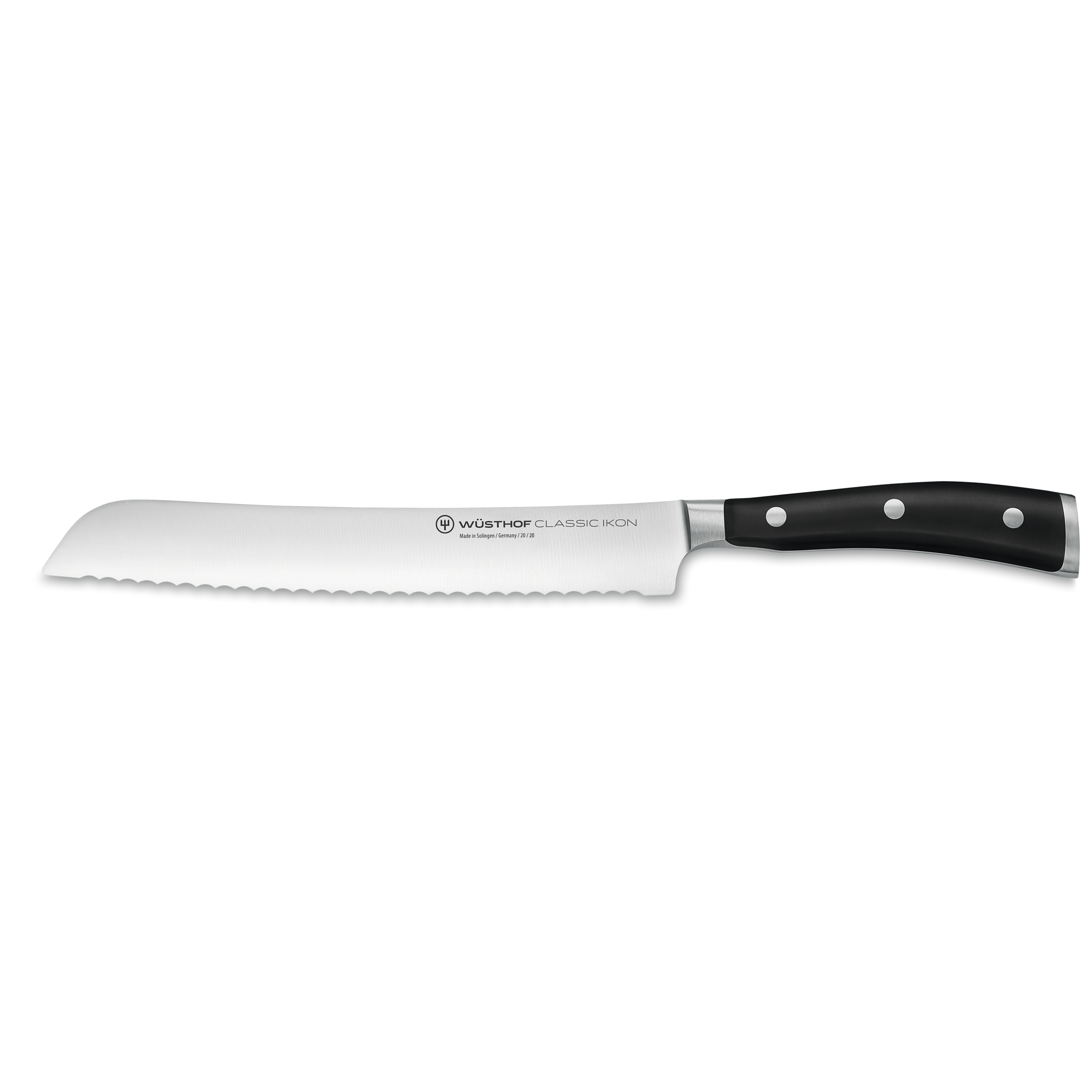 Ein Wüsthof Brotmesser mit schwarzem Griff und gezahnter Klinge auf schwarzem Hintergrund.