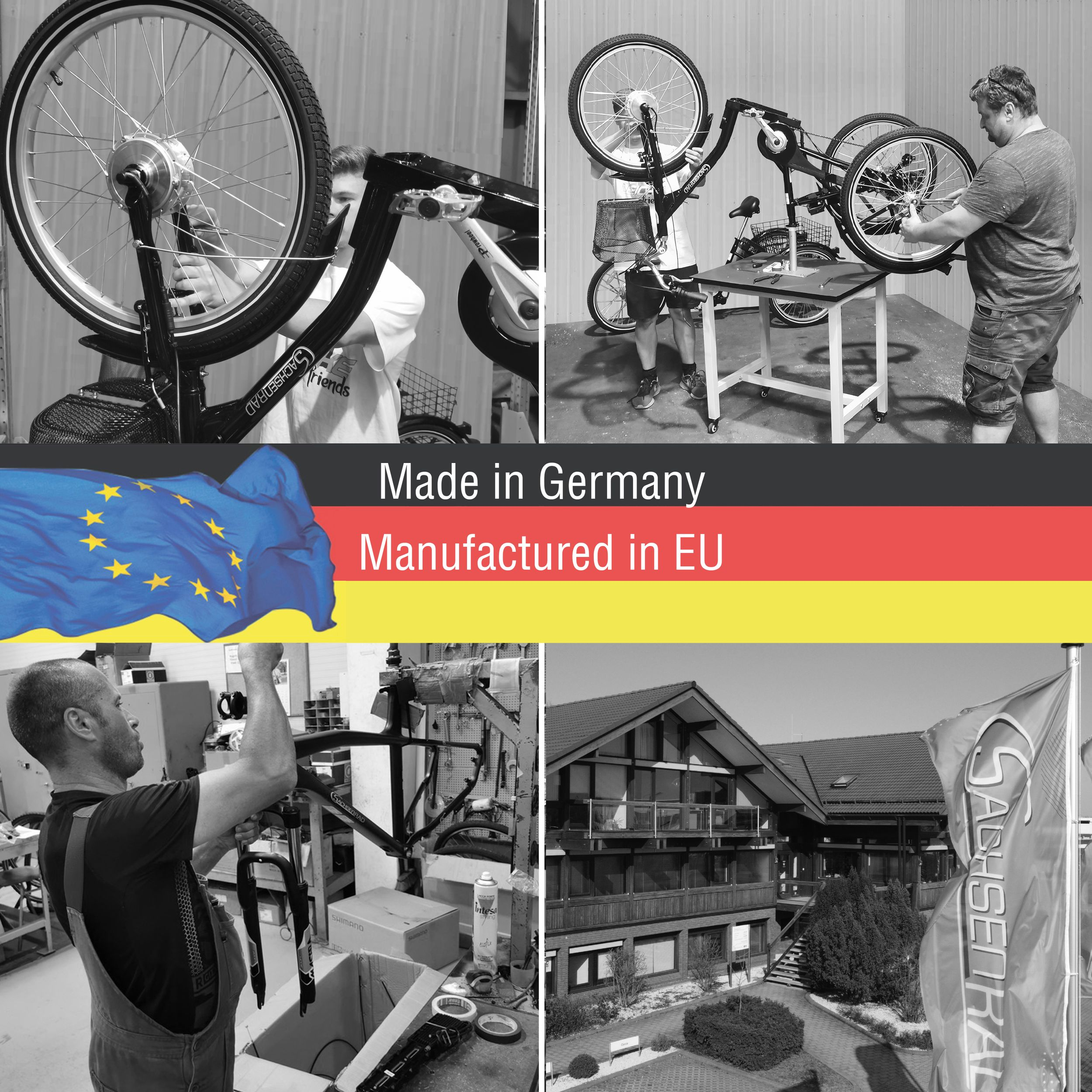 Eine Reihe von Schwarz-Weiß-Fotos, die verschiedene Stadien der Fahrradproduktion und -montage in einer Fabrik zeigen.