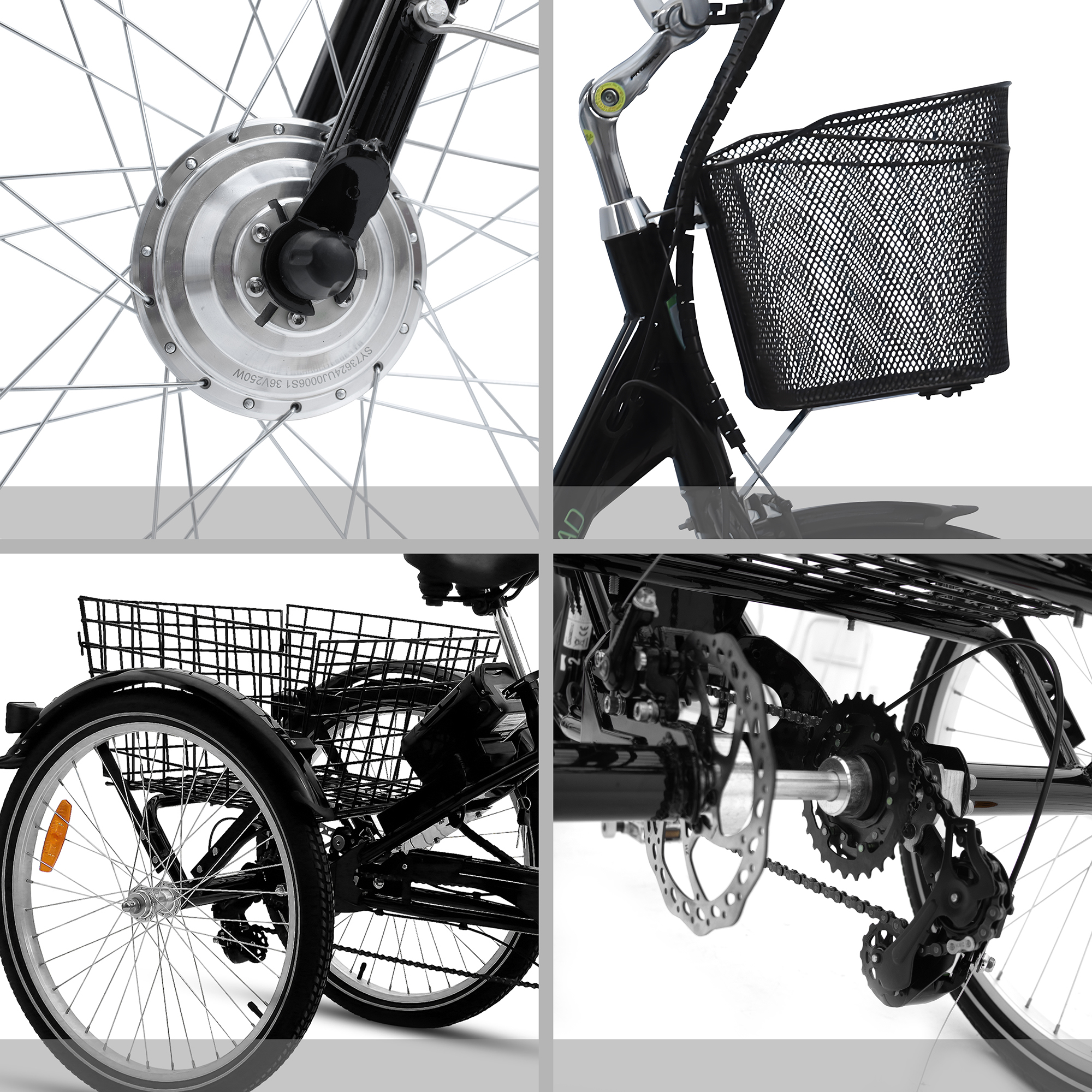 Vier Bilder, die verschiedene Teile eines Dreirads zeigen, darunter Räder, Korb und Antriebssystem.