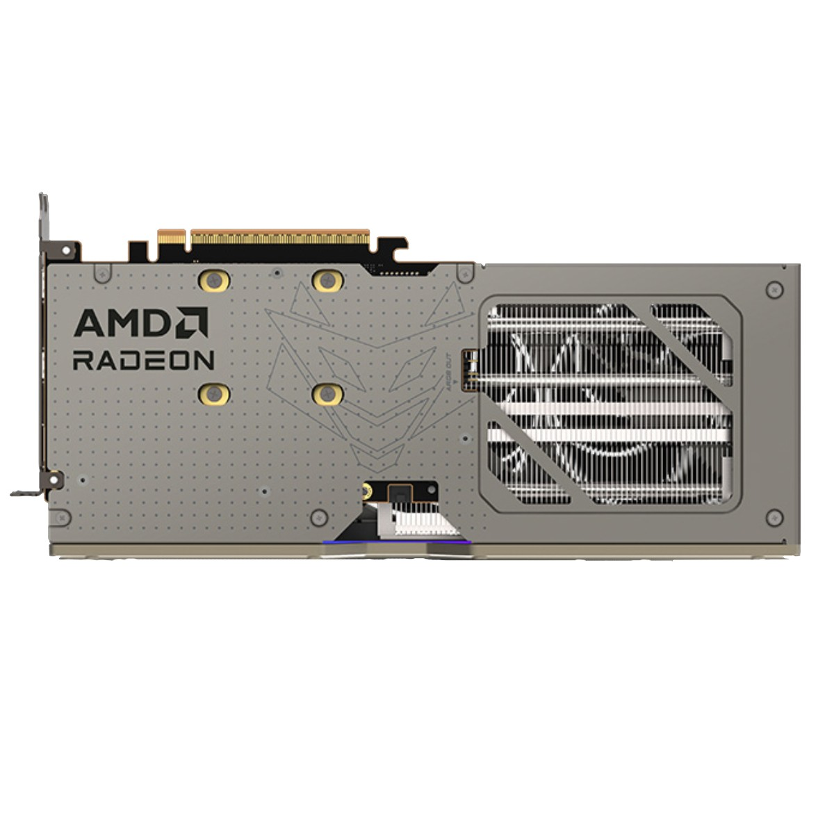 Tył karty graficznej. Jest szary z logo AMD Radeon. Jest otwór wentylatora i złote akcenty.