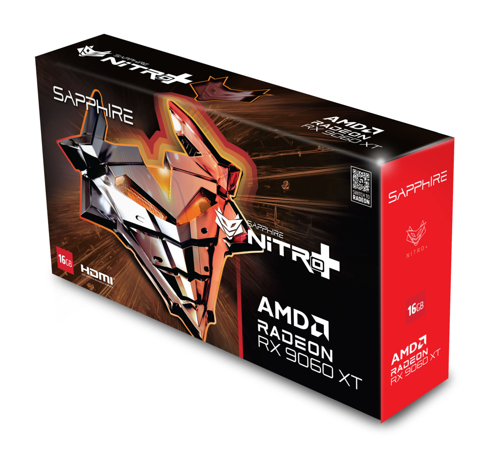 Czerwono-czarne pudełko z grafiką robota. Napisano na nim "Sapphire Nitro+ AMD Radeon RX 6900 XT".