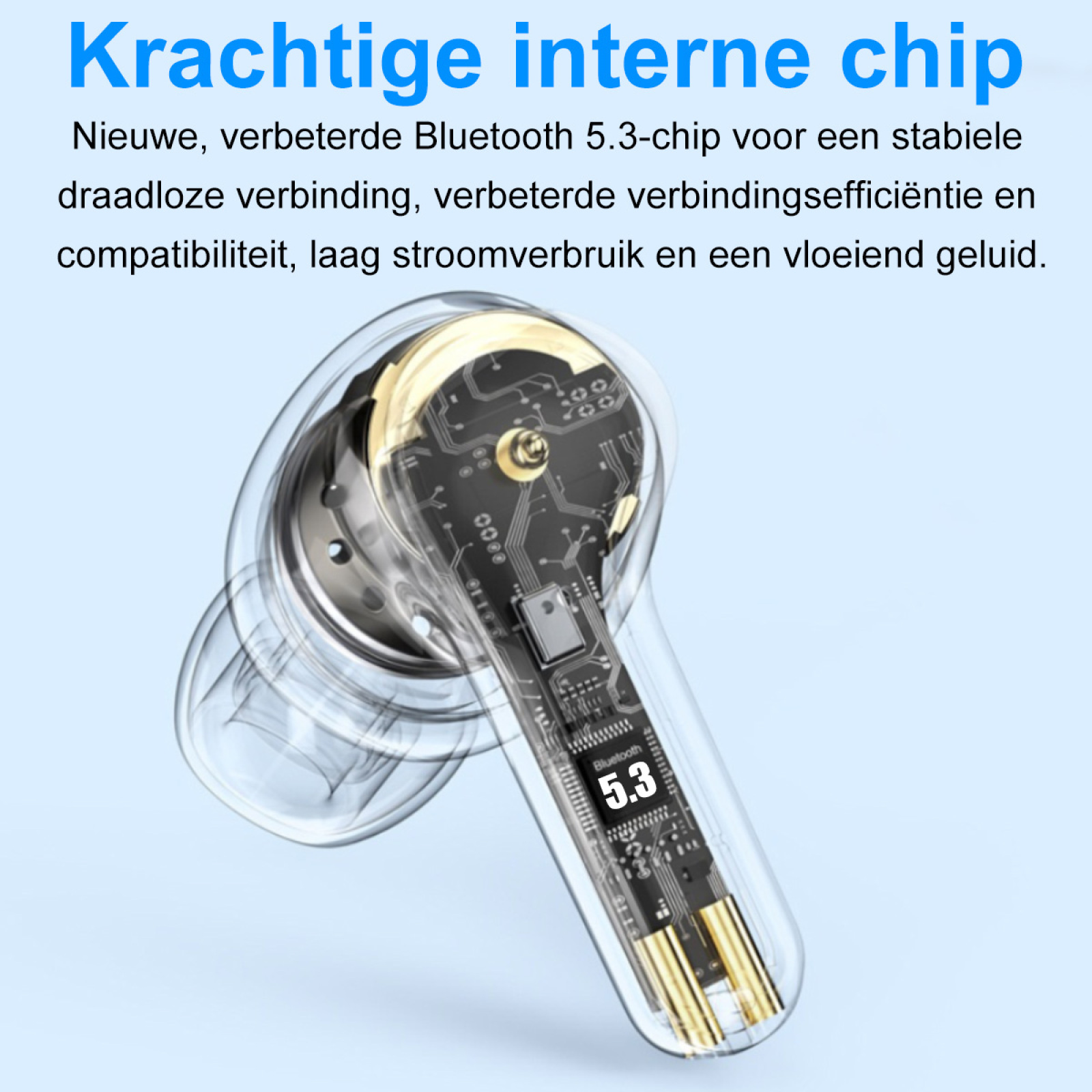 Ohrhörer mit sichtbarem internen Chip. Text: Leistungsstarker interner Chip, verbessertes Bluetooth 5.3.