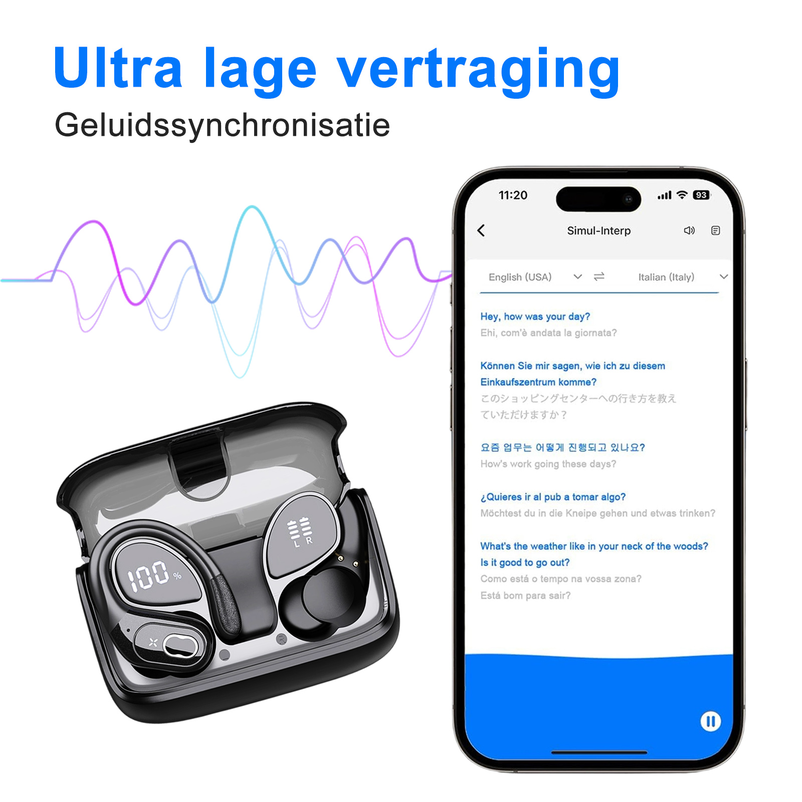 Ohrhörer in einem Etui, mit einem Telefon, das eine Übersetzungs-App-Oberfläche anzeigt. Text: Ultra niedrige Latenz.