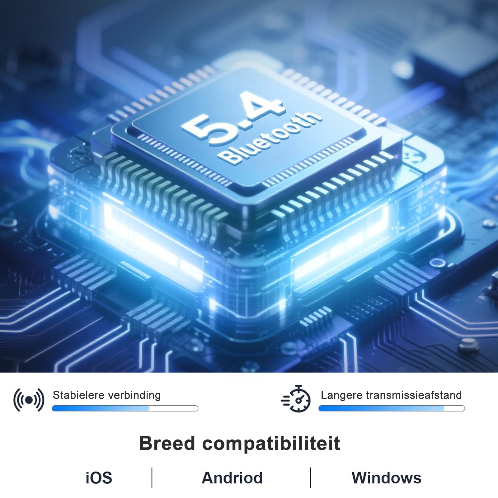 Nahaufnahme eines Computerchips mit einem Bluetooth 5.4 Logo. Text: Stabile Verbindung und größere Übertragungsreichweite.