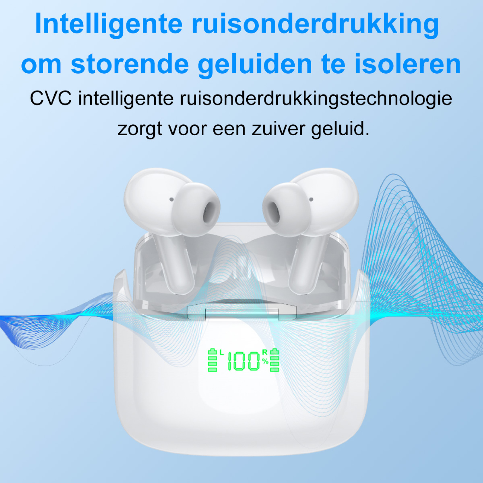 Weiße Ohrhörer und Ladecase mit digitaler Anzeige. Text: Intelligente Rauschunterdrückung zur Isolierung störender Geräusche.