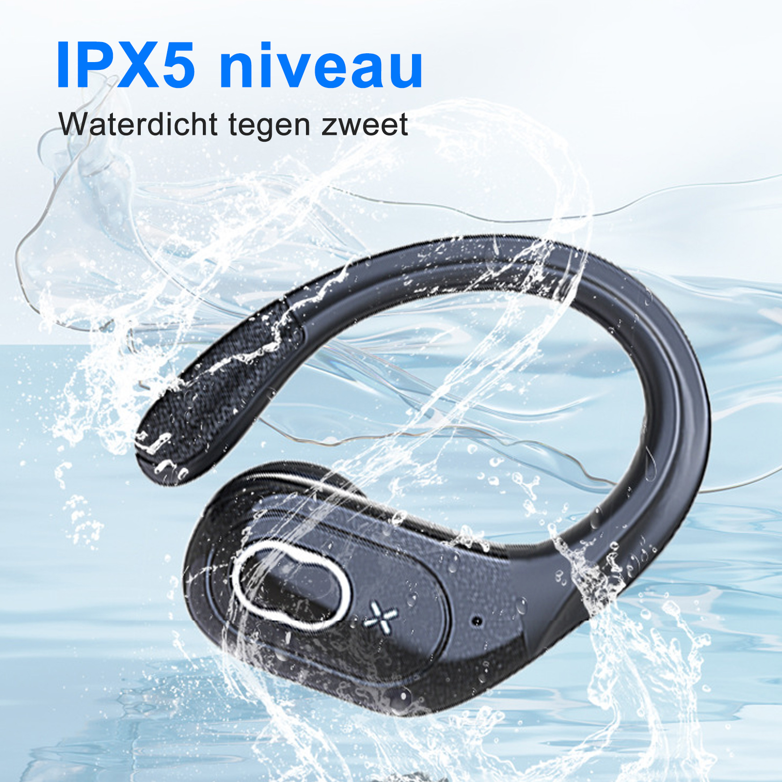 Schwarzer kabelloser Ohrhörer im Wasser, IPX5-Level hervorhebend. Text zeigt Wasserdichtigkeit gegen Schweiß.
