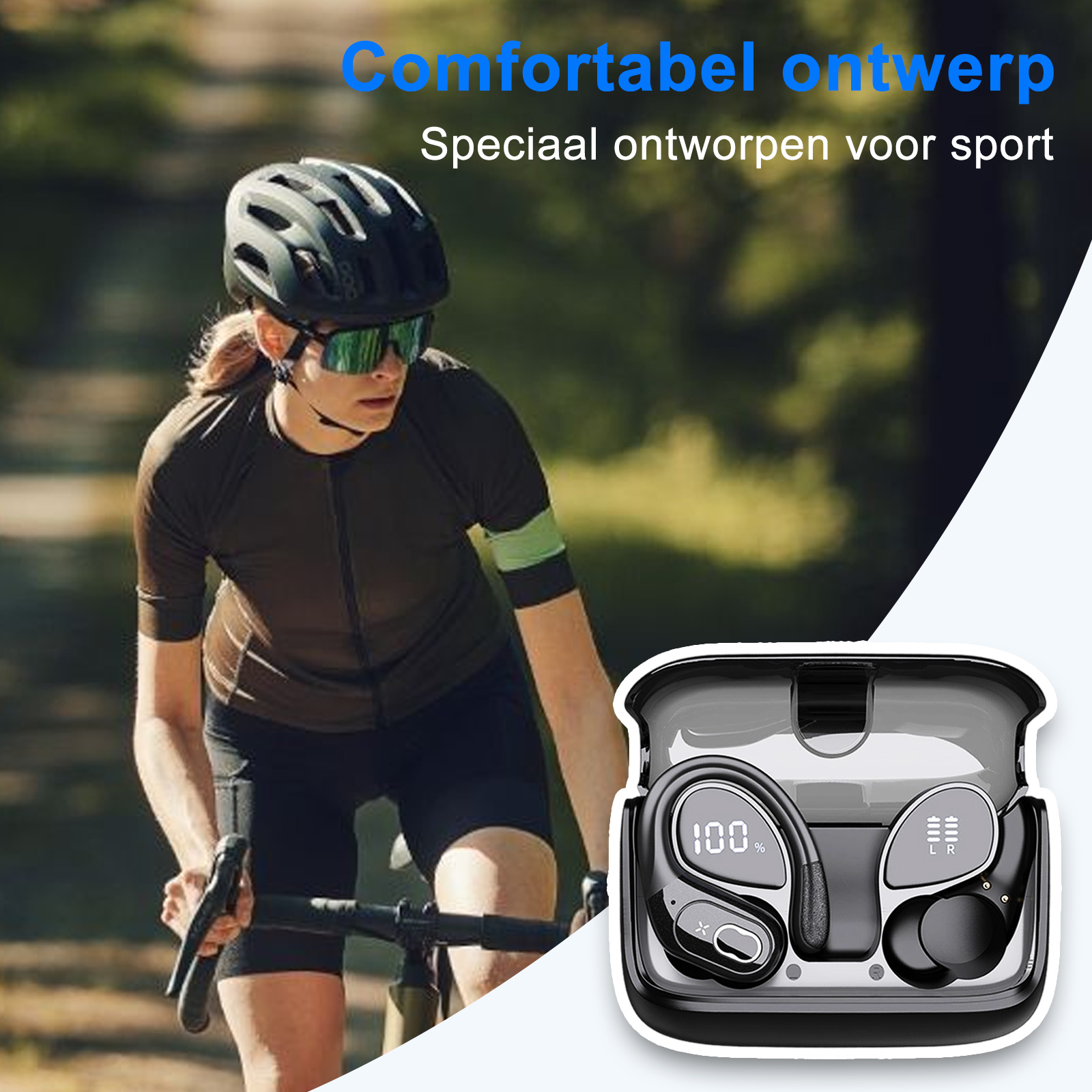 Radfahrerin mit Ohrhörern im Case. Text: Bequemes Design, speziell für Sport entwickelt. Schwarze und graue Ohrhörer.