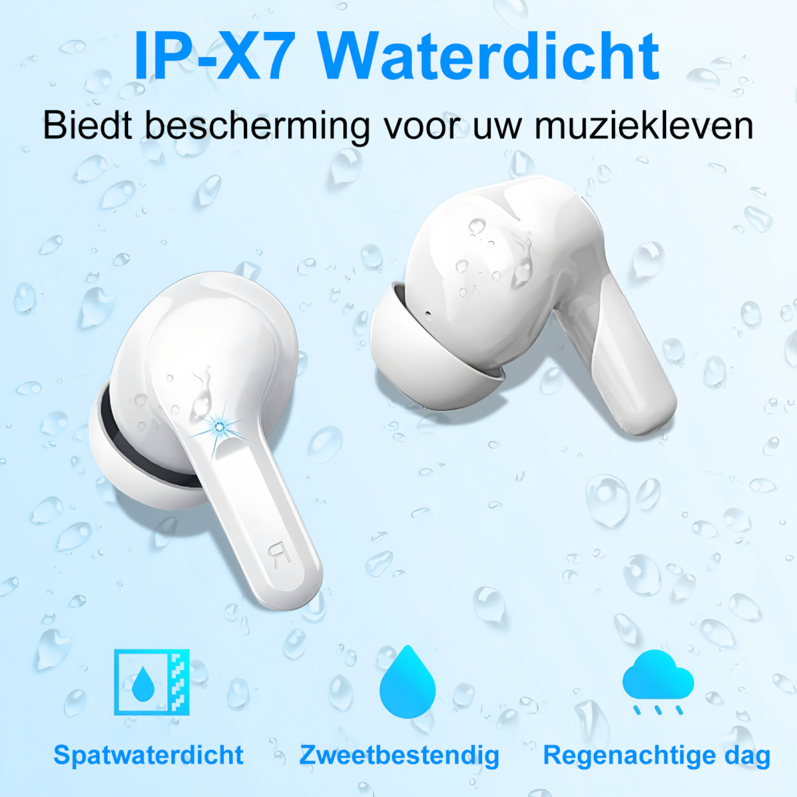 Ohrhörer in der Hülle, Wassertropfen darum. Text: IP-X7 Wasserdicht, spritzwassergeschützt, schweißfest und Regentag.