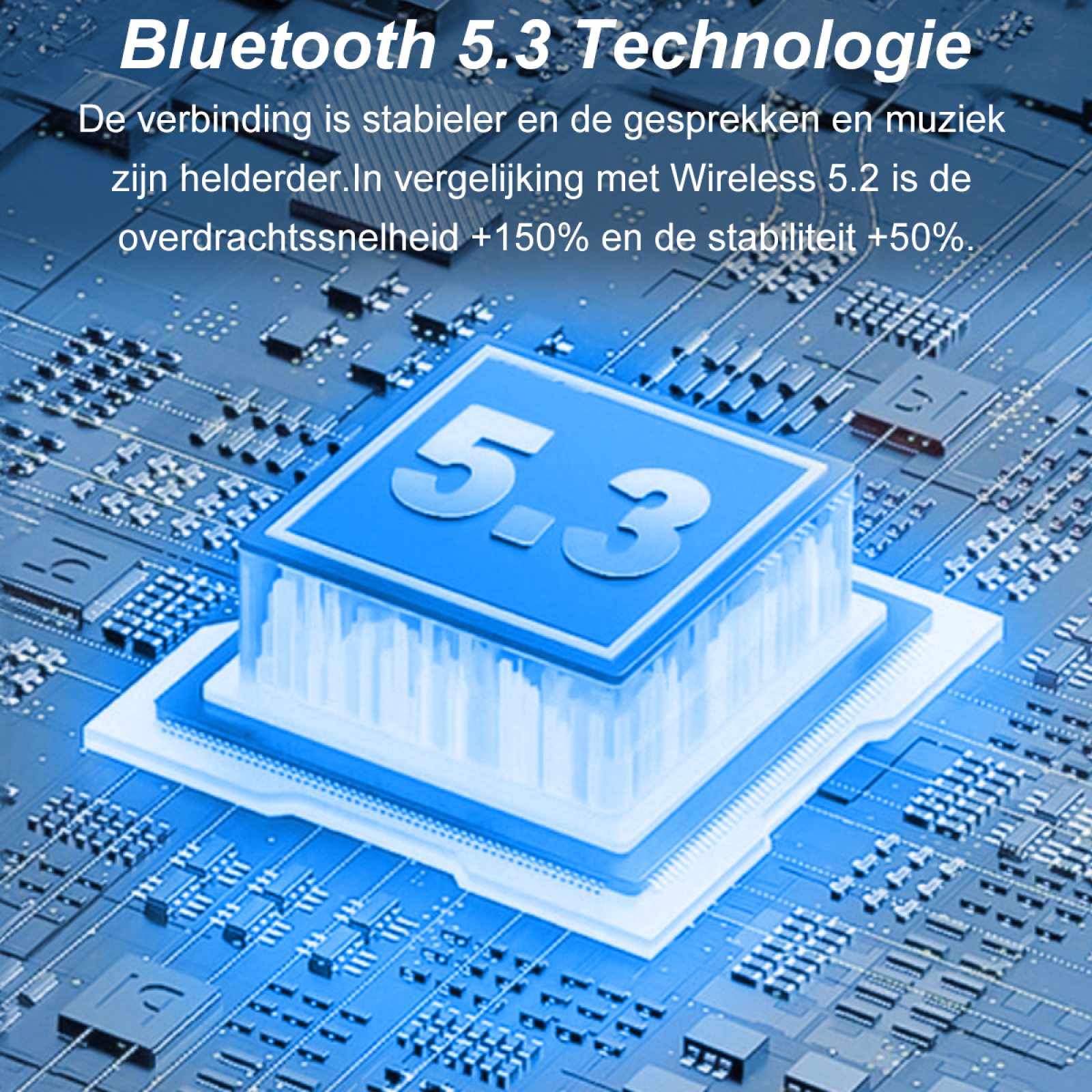 Blauer Leiterplattenhintergrund mit einem blauen Quadrat, das '5.3' anzeigt, was die Bluetooth-Technologie veranschaulicht.