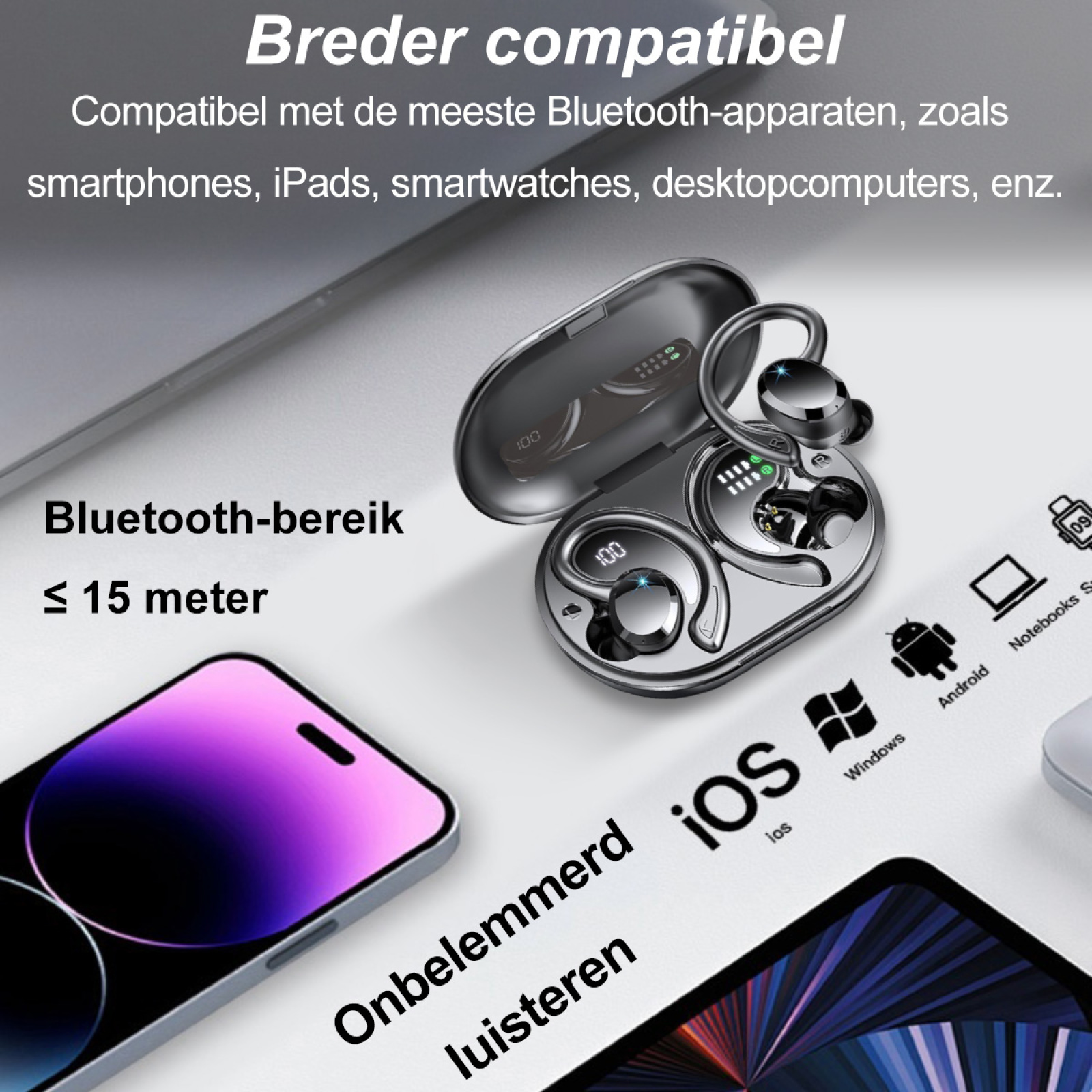 Kabellose Ohrhörer mit Ladecase auf einem Tisch. Symbole zeigen Kompatibilität mit iOS, Android, Windows usw.