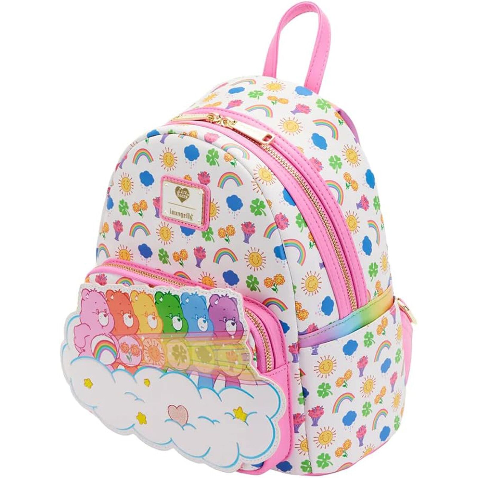 Care Bears Rucksack mit farbenfrohem Design, Bären, Regenbögen und Wolken, mit rosa Akzenten.