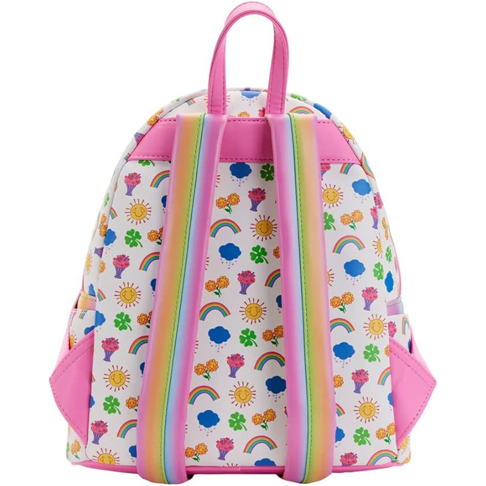 Rückansicht eines Care Bears Rucksacks. Das Design zeigt Bären, Regenbögen, Wolken und rosa Träger.