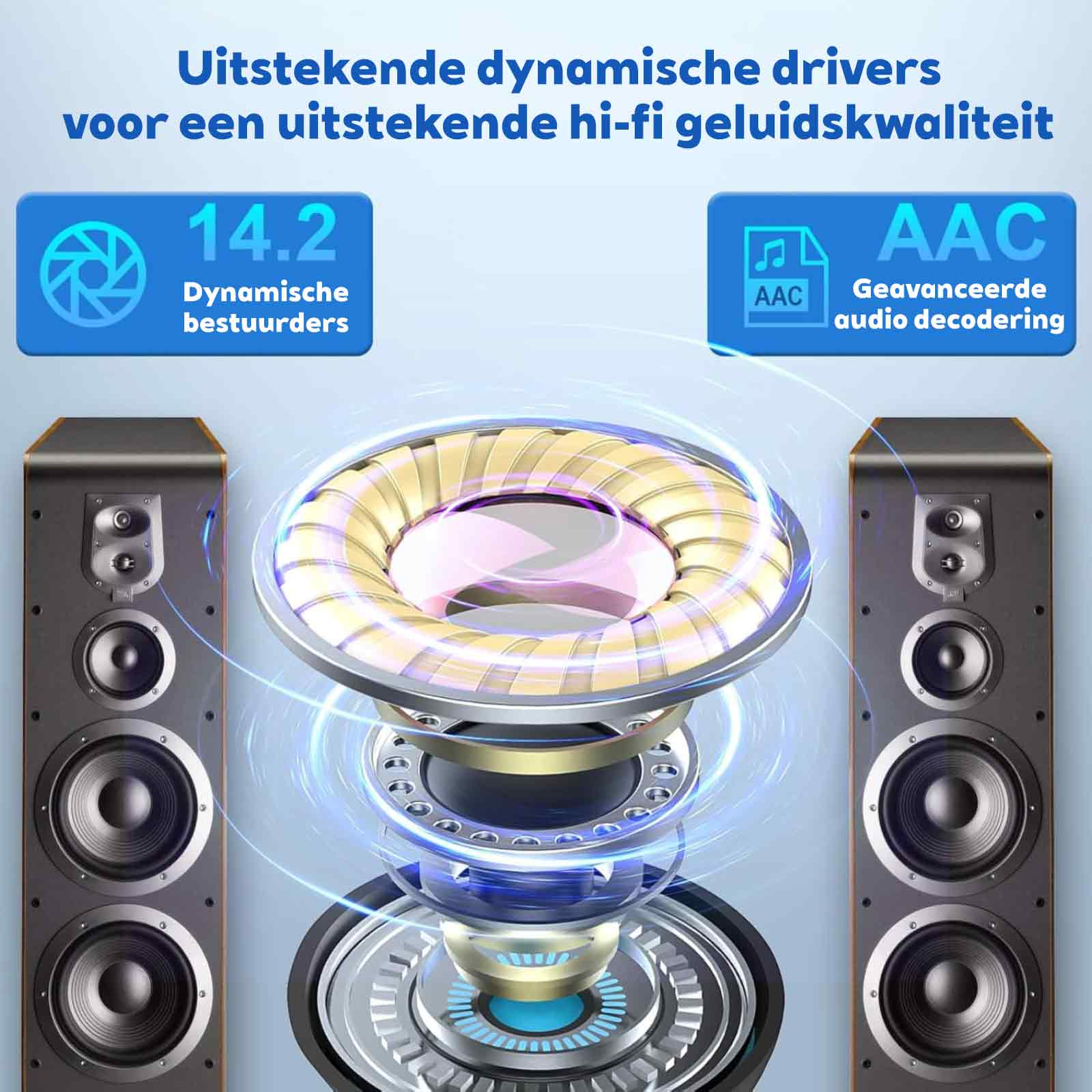 Zwei Lautsprecher mit Text über dynamische Treiber und AAC-Audiodekodierung. Die Lautsprecher sind schwarz.
