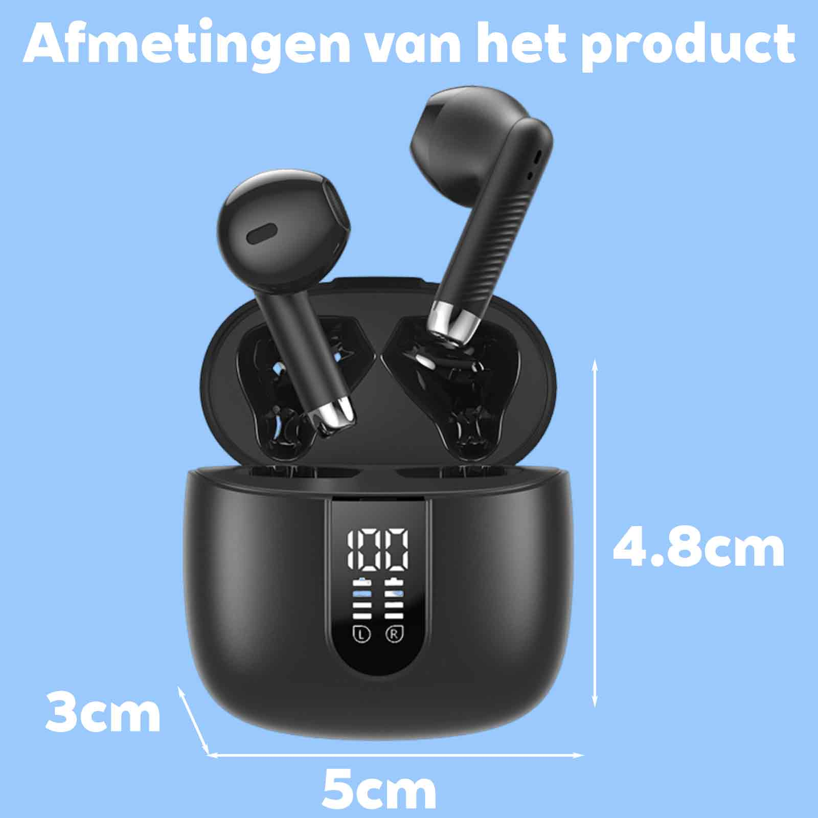 Schwarze Ohrhörer in einem Ladeetui mit den Abmessungen 3cm, 5cm und 4,8cm. Das Etui ist offen.