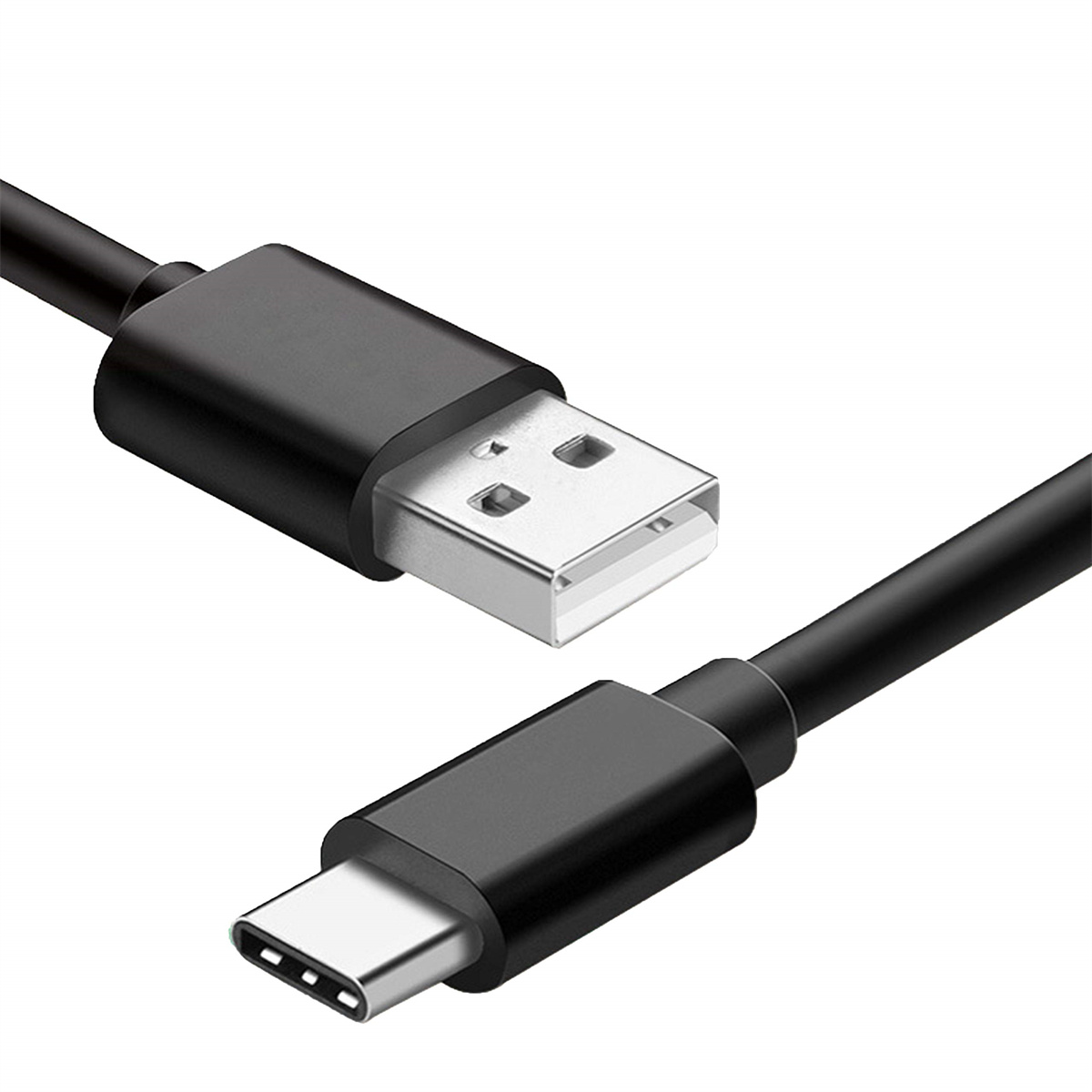Schwarzes USB-zu-USB-C-Ladekabel. Die Anschlüsse sind sichtbar. Das Kabel befindet sich auf weißem Hintergrund.
