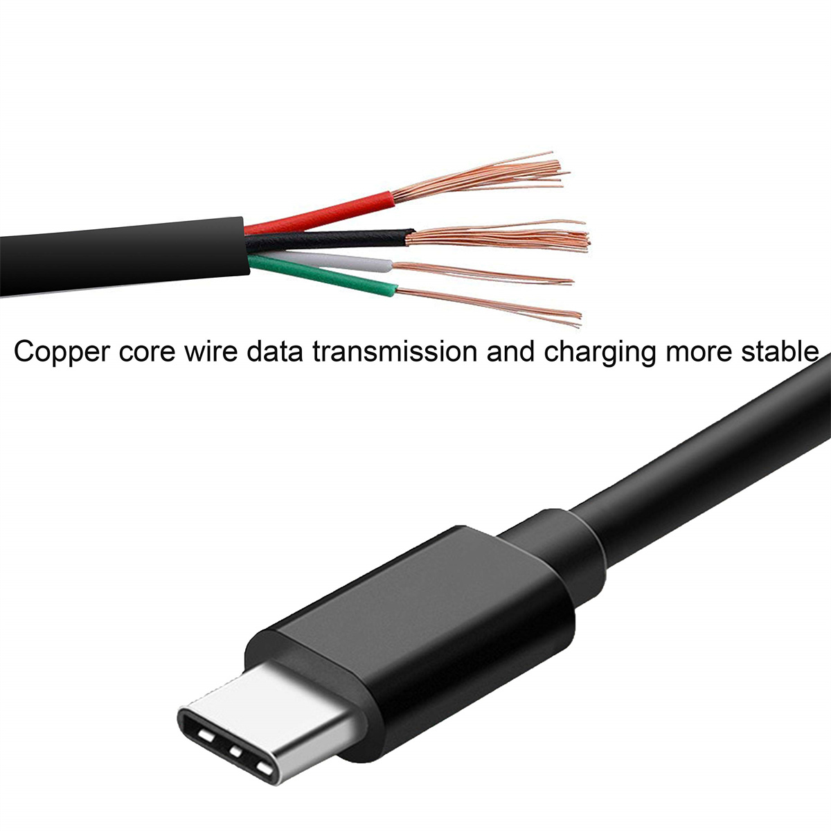 Ladekabel mit sichtbaren Kupferdrahtadern. Das Kabel hat einen USB-C-Anschluss. Text beschreibt die Datenübertragung.