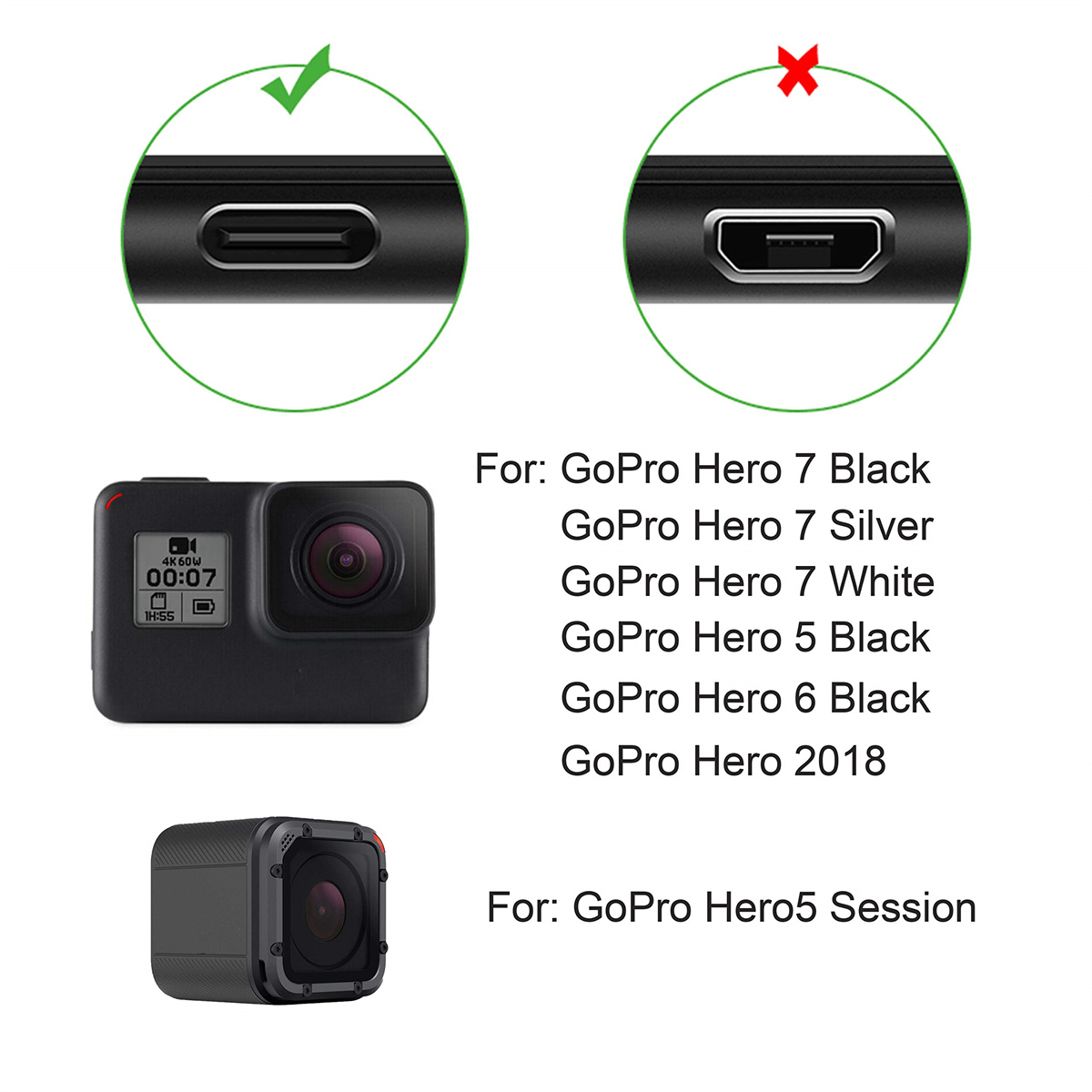 Bild, das eine GoPro-Kamera mit verschiedenen Anschlüssen zeigt. Der linke Anschluss ist korrekt, der rechte ist falsch.