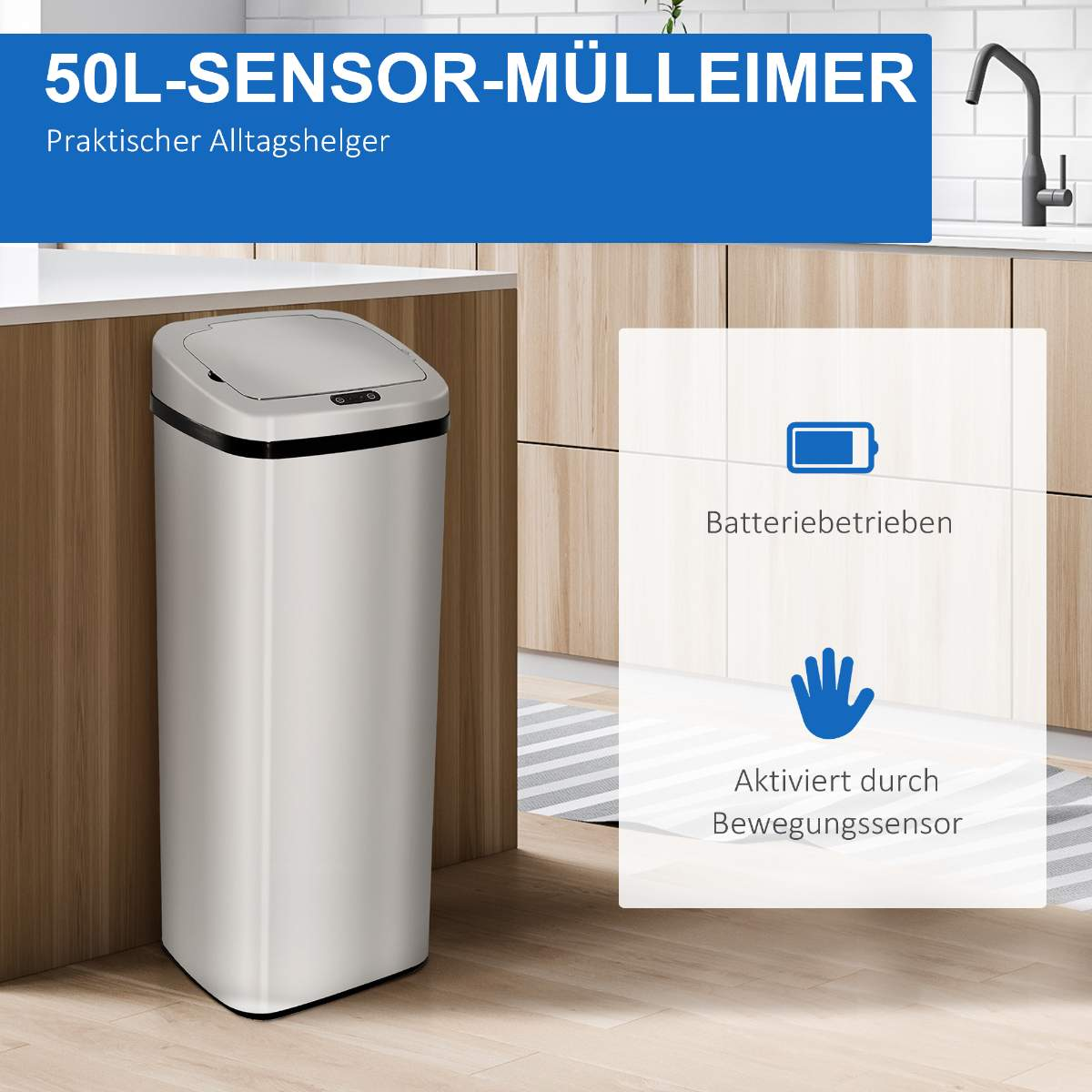 Ein silberner Mülleimer mit Sensor und Batteriesymbol. Eine Hand ist in der Nähe des Sensors zu sehen. Text sagt 50L-Sensor-Mülleimer.