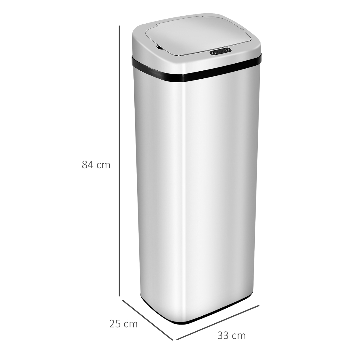 Ein weißer Mülleimer mit den angegebenen Abmessungen: 84 cm hoch, 25 cm breit und 33 cm tief. Der Deckel ist drauf.