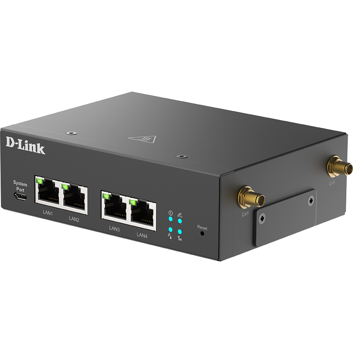 Een zwarte D-Link-router met poorten en lampjes. Hij heeft LAN-poorten, een systeempoort en antennes aan de zijkant.