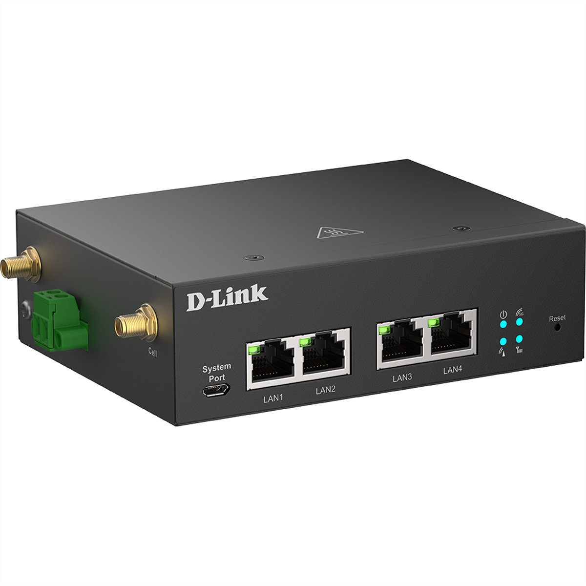 Een zwart D-Link-apparaat met poorten en lampjes. Het heeft LAN-poorten, een systeempoort en antennes aan de zijkant.