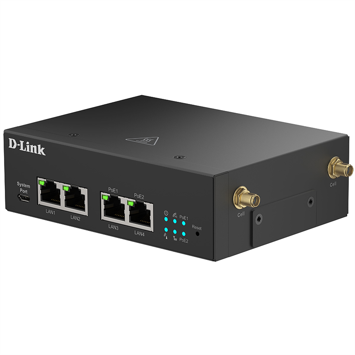 Schwarzer D-Link-Router mit LAN-Anschlüssen, PoE und Cell-Anschlüssen. Hat eine dreieckige Oberseite.