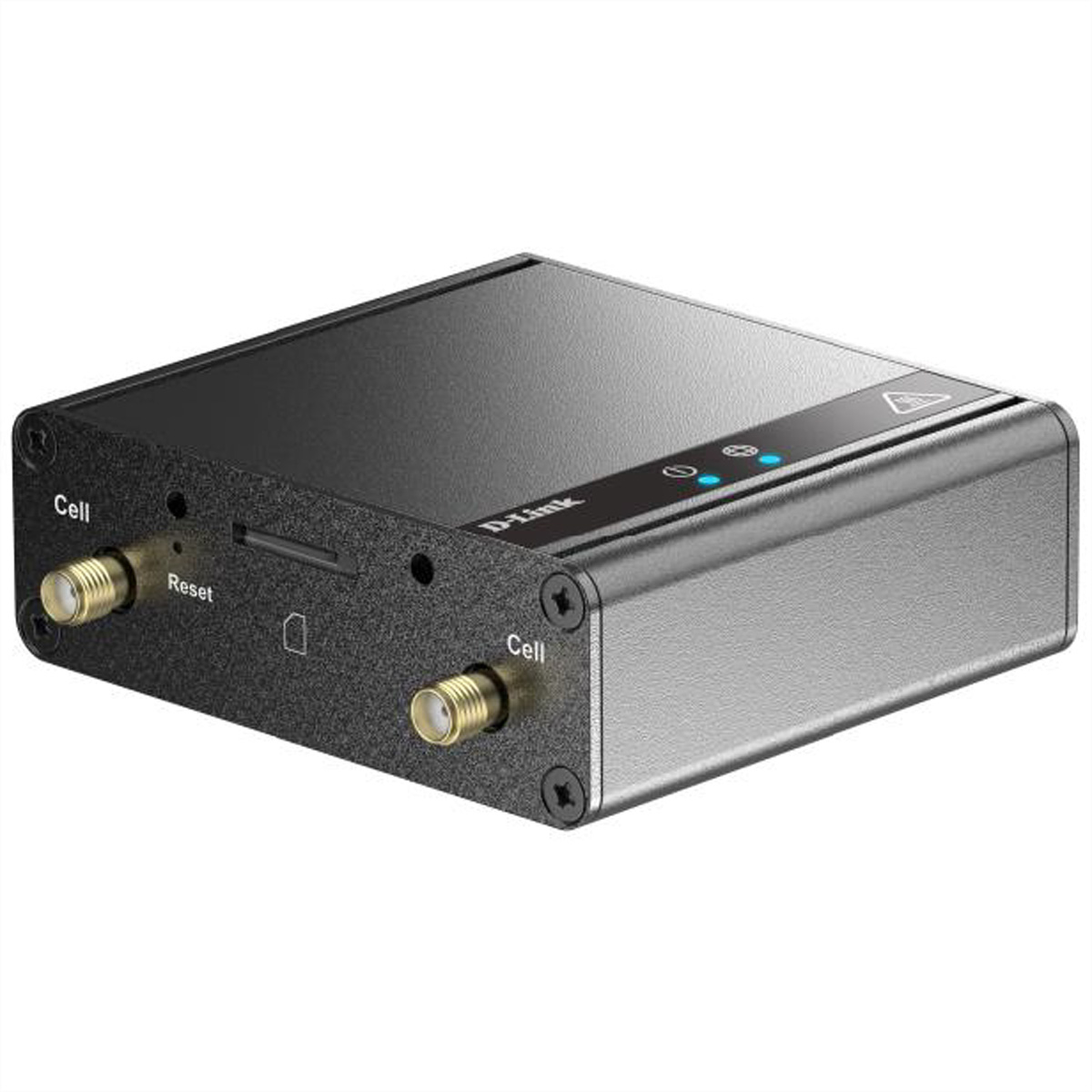 Zwart D-Link-apparaat, zijaanzicht. Heeft Cell- en resetpoorten, antenneconnectoren en schroefgaten. Zilveren bovenkant.