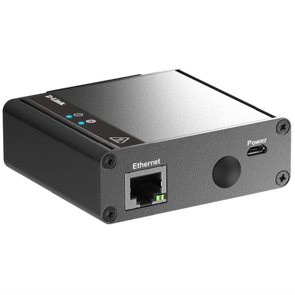 Zwart D-Link-apparaat, schuine hoek. Heeft Ethernet- en voedingspoorten, een knop en schroefgaten. Zilveren zijkanten.