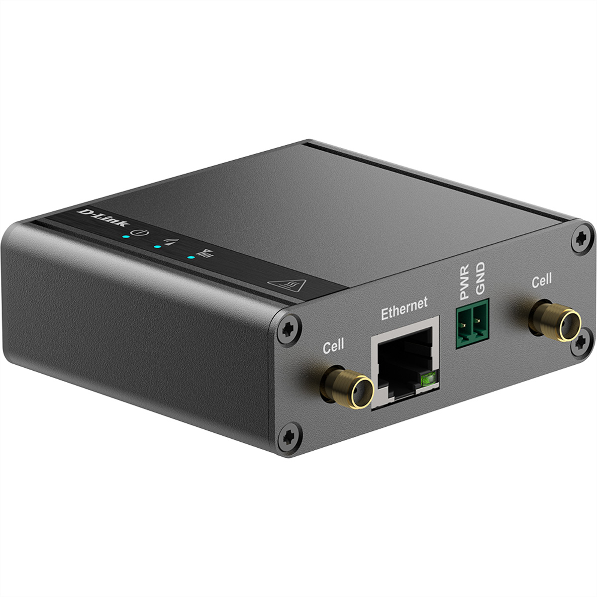 D-Link router achterkant met Ethernet en Cell poorten. PWR en GND connectoren rechts.