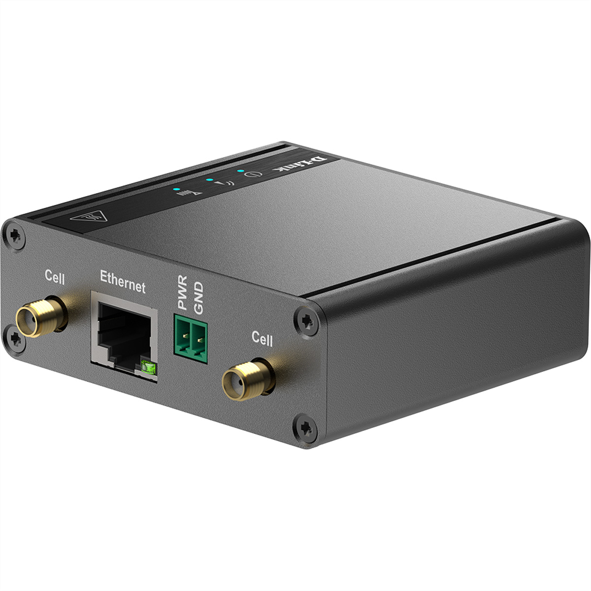 Een zwart D-Link-apparaat, zijaanzicht. Het heeft poorten, een groene connector en antenneconnectoren. Zwarte behuizing.