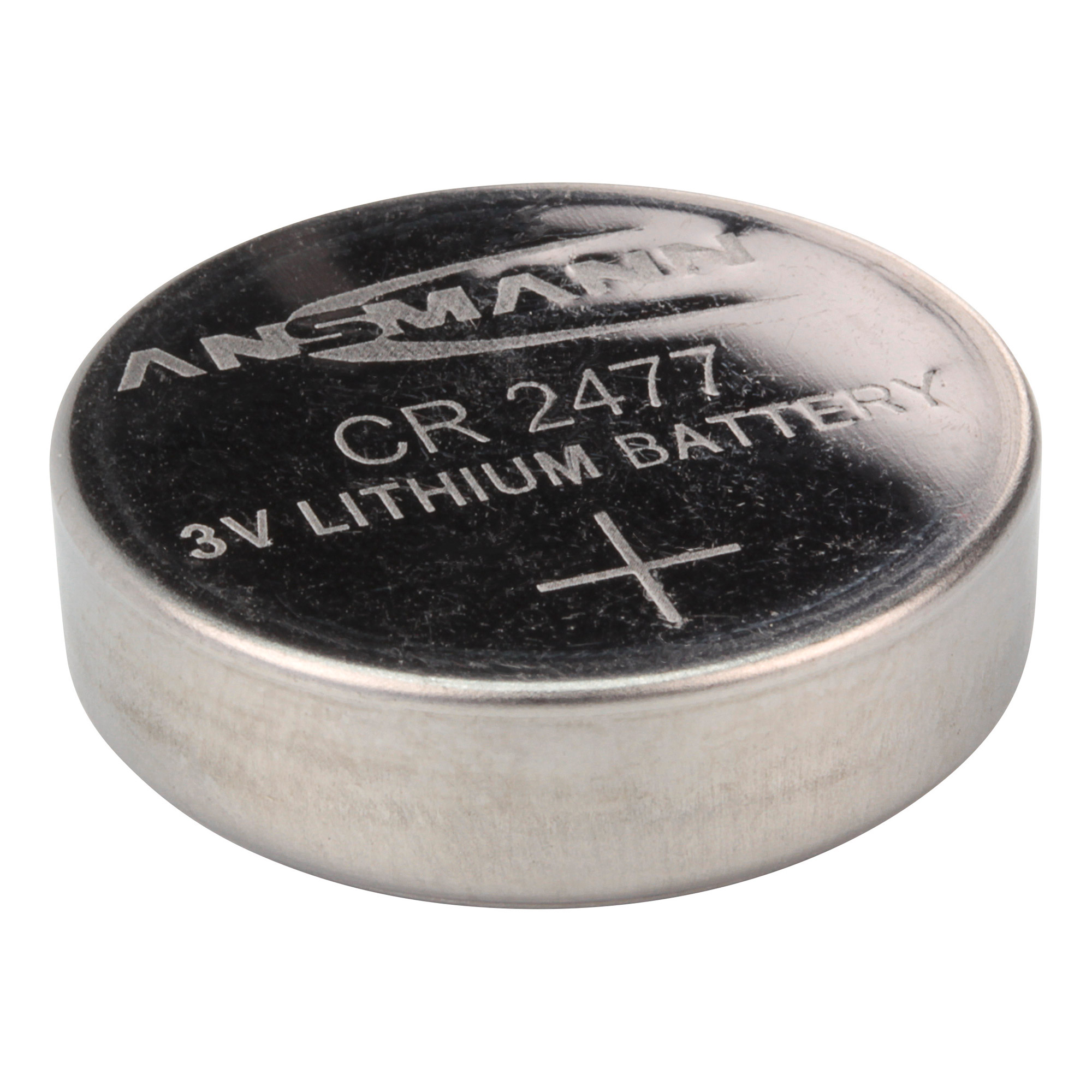 Una piccola batteria argentata con testo nero e un segno più. È una batteria al litio CR 2477 3V.