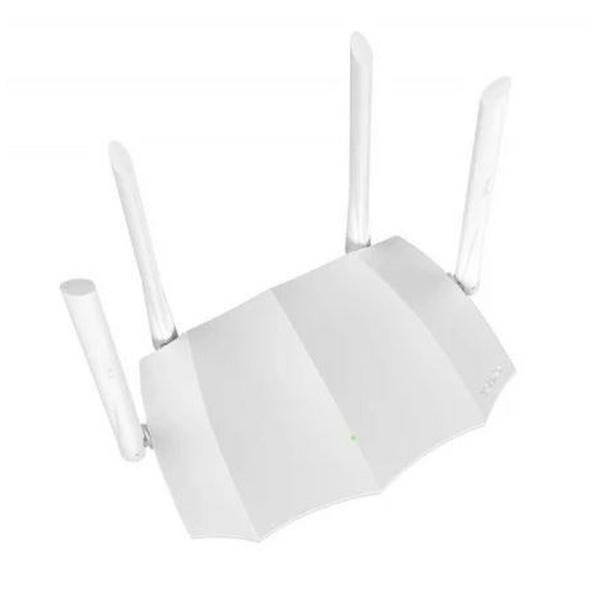 Weißer Router mit vier Antennen. Der Router ist leicht angewinkelt.