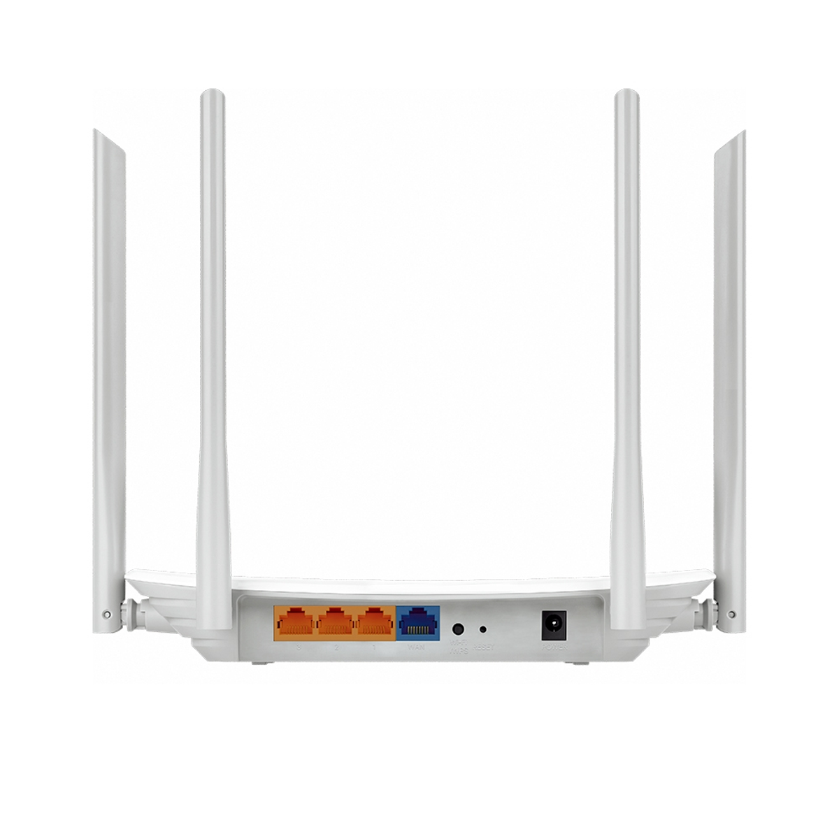 Weißer Router mit vier Antennen und verschiedenen Anschlüssen auf der Rückseite.