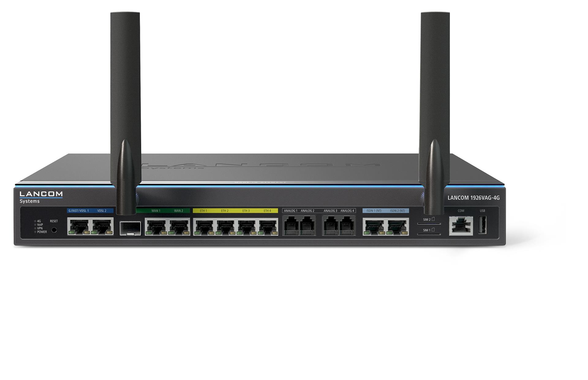 Schwarzer Router mit zwei Antennen. Rückseite hat Anschlüsse für Strom, Reset, WAN/LAN und Ethernet.