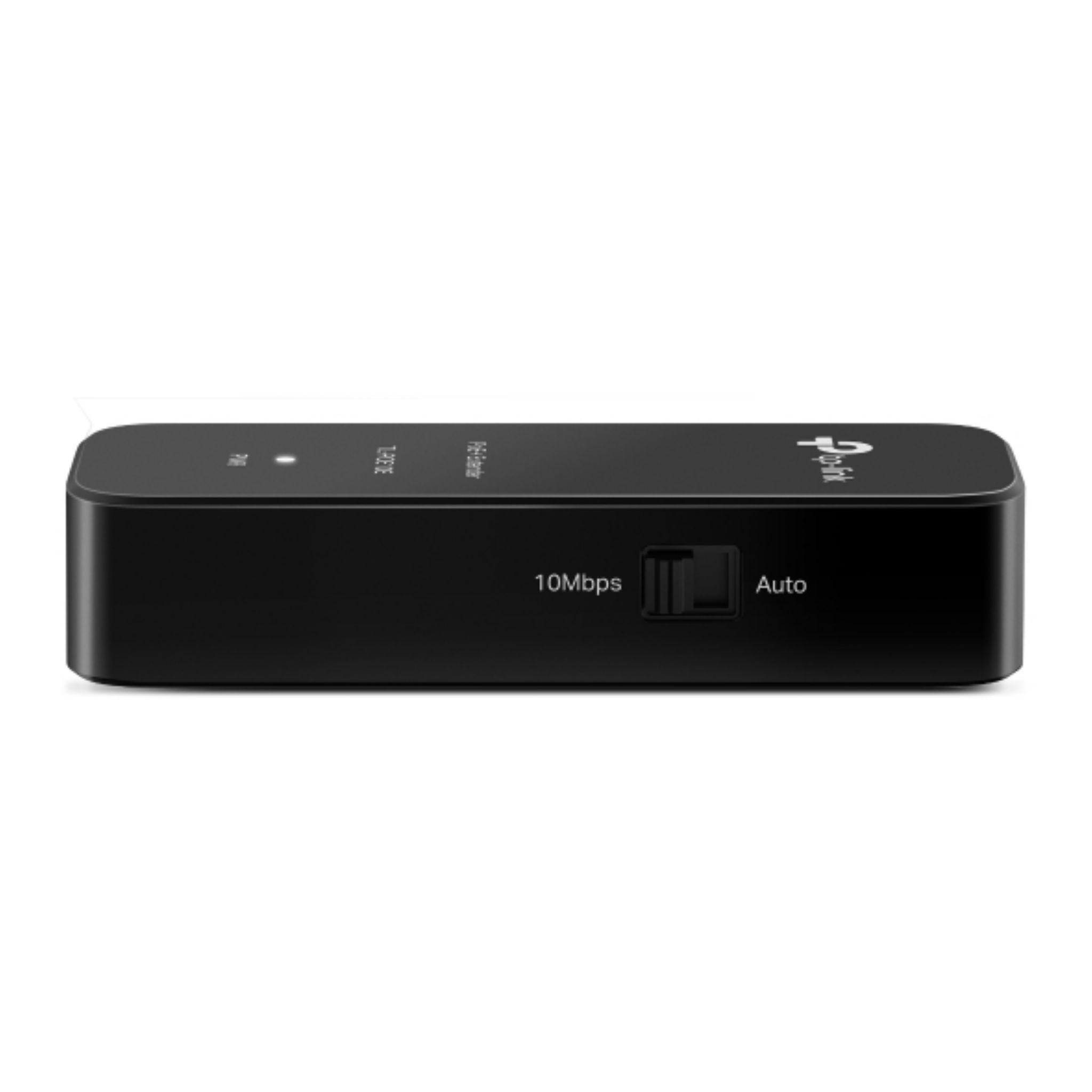 Ein schwarzes TP-Link-Gerät mit Anschlüssen. Das Gerät ist rechteckig, mit einem Schalter 10MBit/Auto.