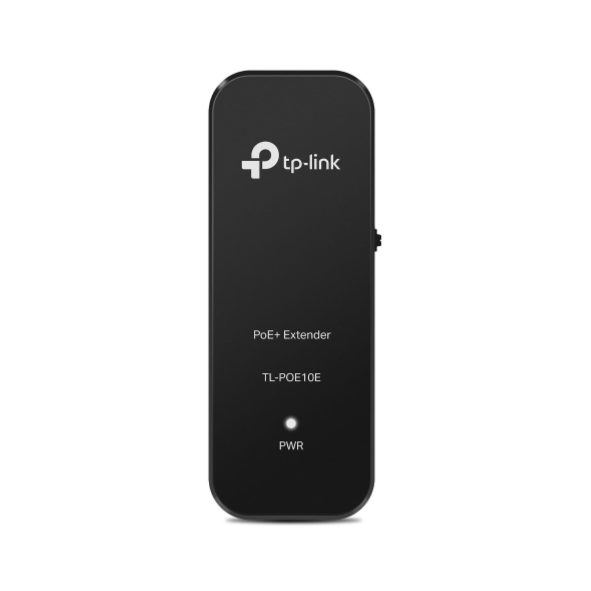 Schwarzer PoE+ Extender. Text lautet 'tp-link PoE+ Extender'. Zeigt ein Stromlicht.