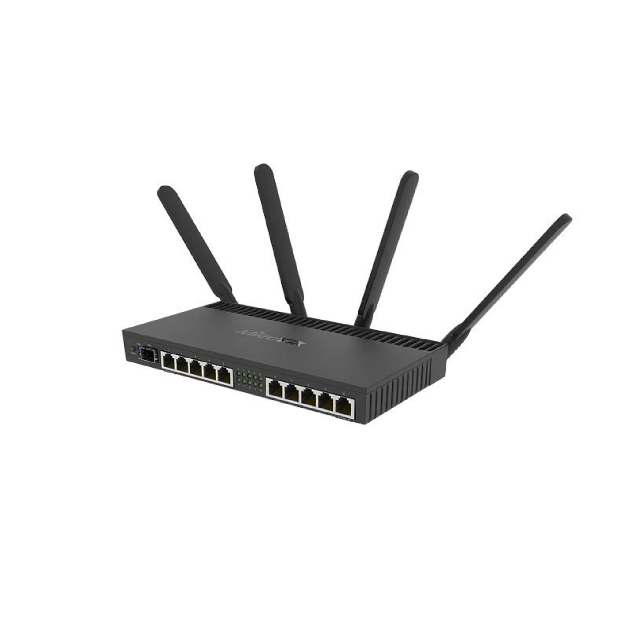 Un router Mikrotik negro con múltiples antenas y puertos, sobre fondo blanco. Texto: Mikrotik.