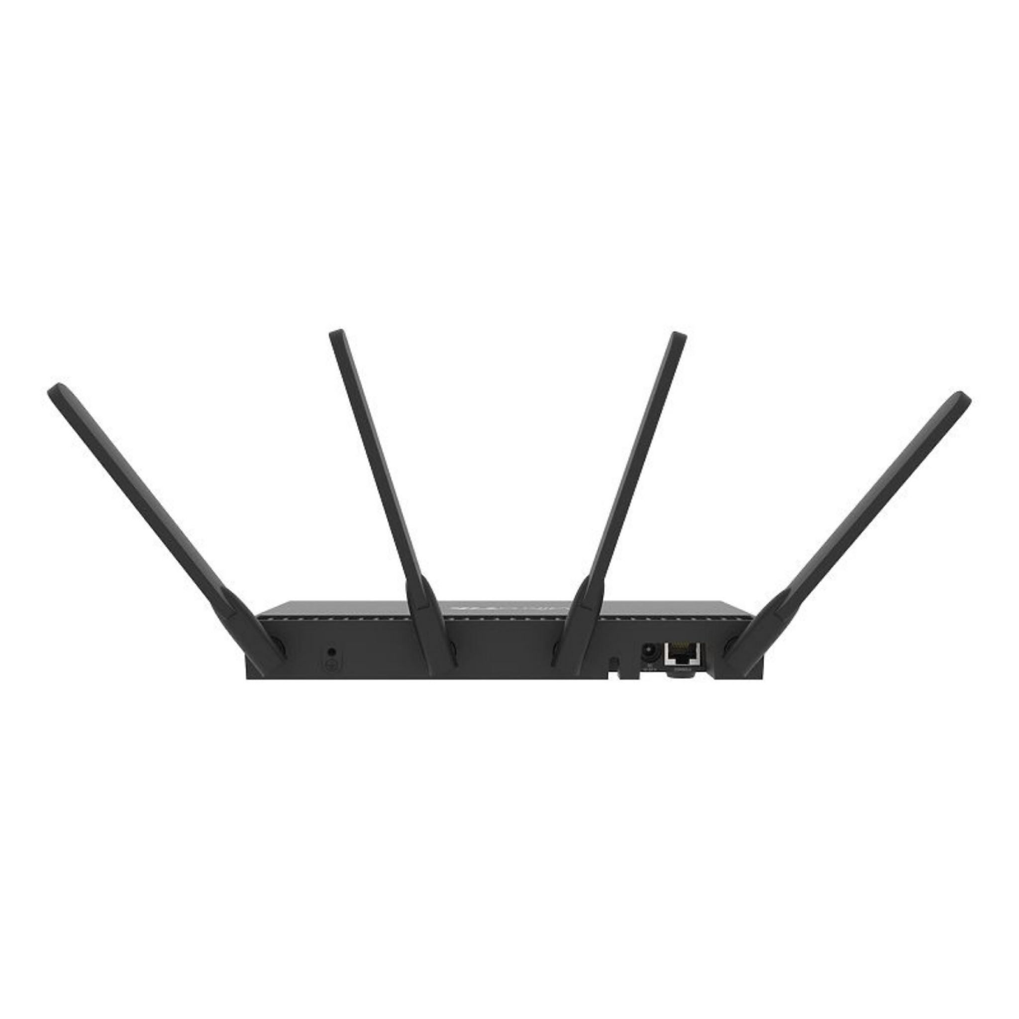 Un dispositivo MikroTik gris oscuro con antenas. Tiene múltiples puertos y un botón de encendido.