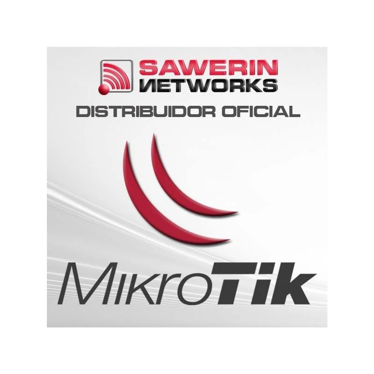 Un logo blanco con el texto 'SAWERIN NETWORKS DISTRIBUIDOR OFICIAL' y el logo de Mikrotik sobre fondo blanco.